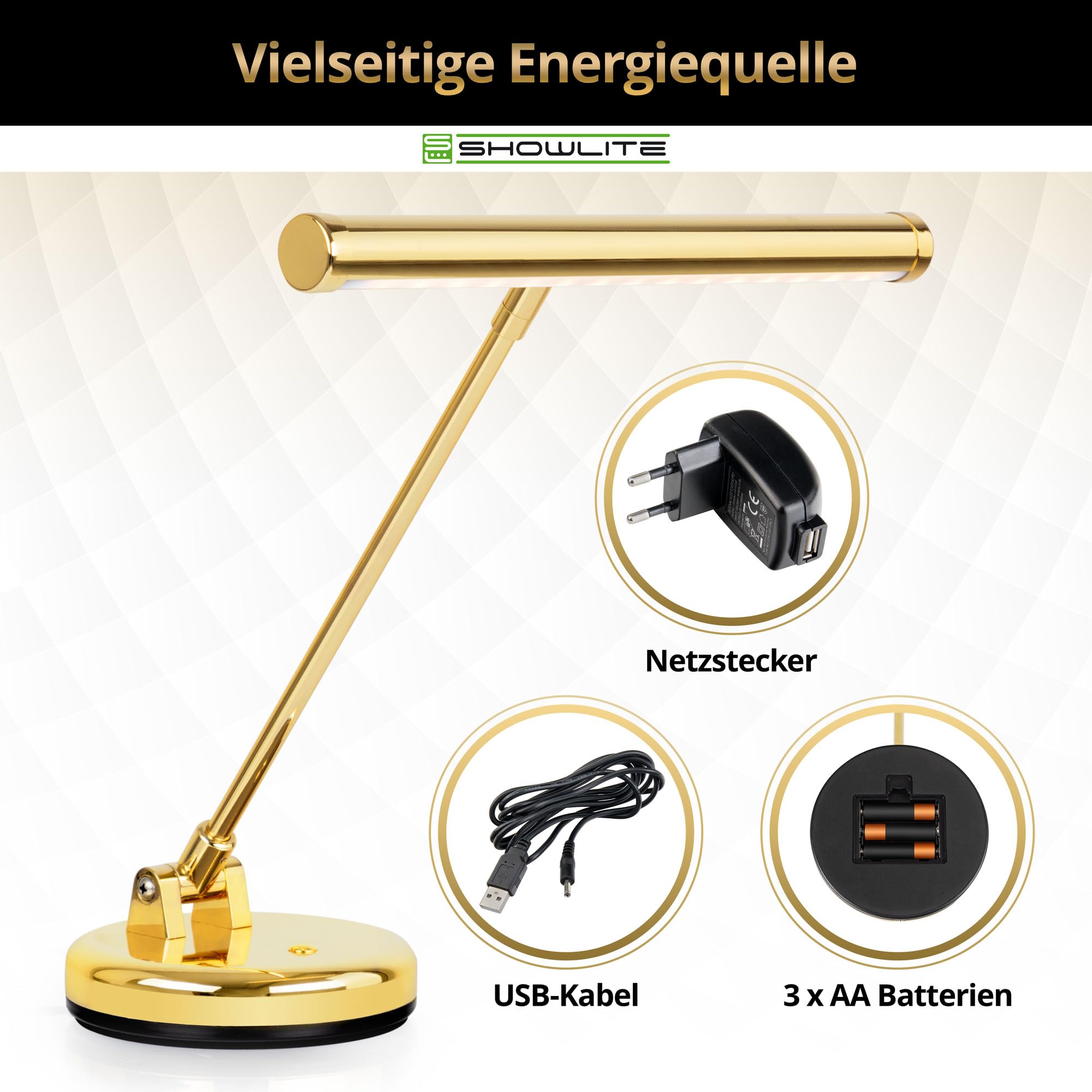 Showlite PL-1-GD-WW Lampada LED per Pianoforte - Lampada per Pianoforte con 15 LED - luce warm white a 2 livelli - altezza 36 cm - alimentazione via USB, rete o batteria - oro lucido
