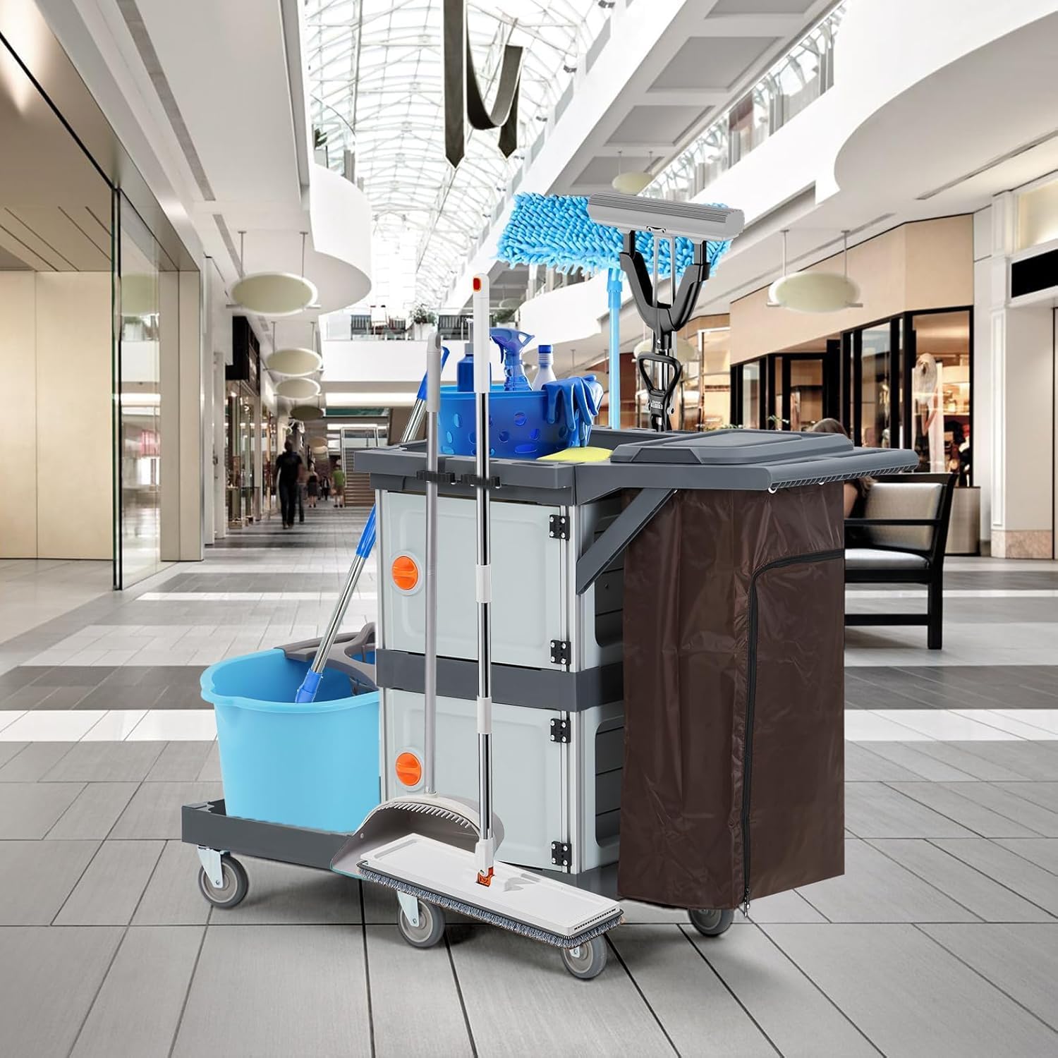 Chariot de Nettoyage Commercial, Chariot de Menage hospitalier Hotel avec 2 Armoires, 3 étagères avec 6 roulettes et Sac en Vinyle pour Bureau, Hôtel, Capacité de 300 LB