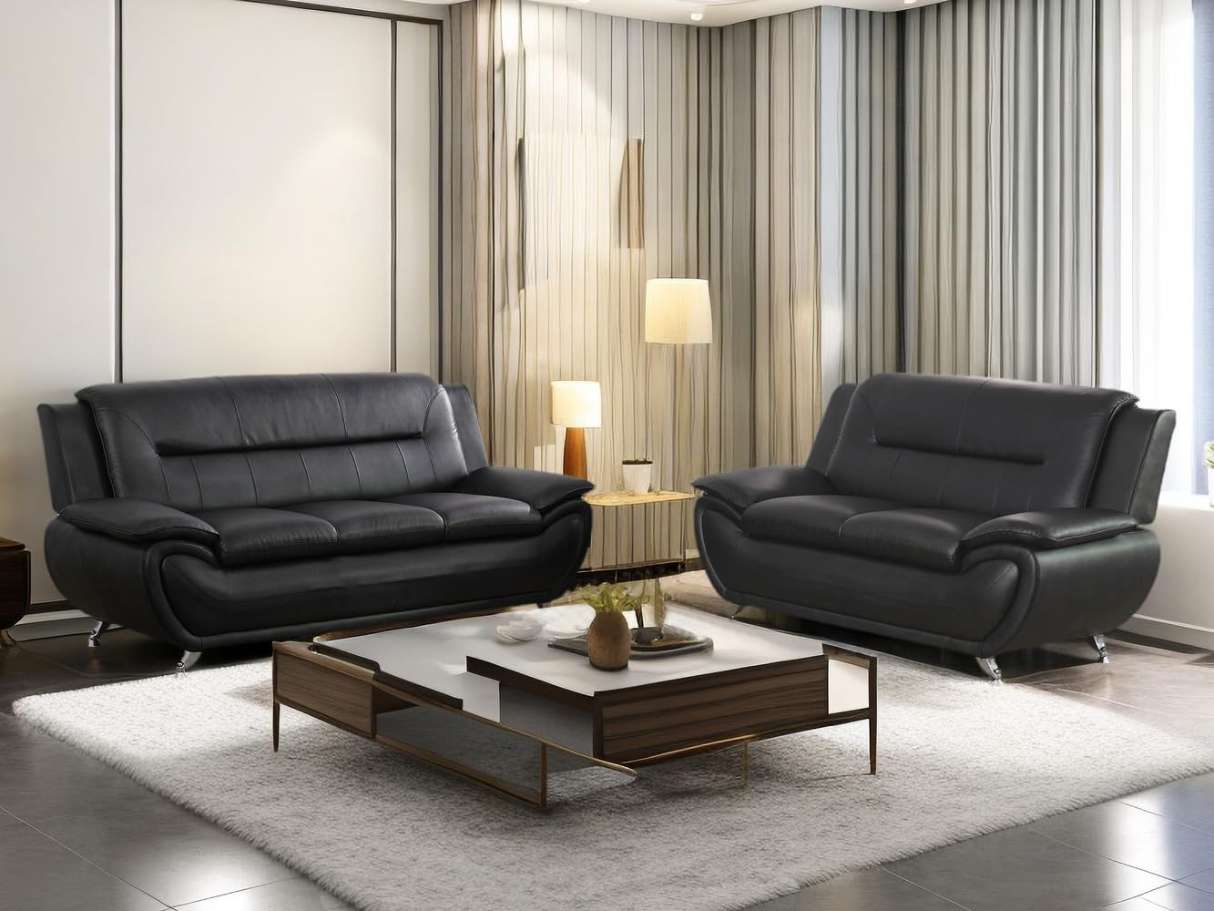 Leather Couches for Living Room, Living Room Couch Set, Sofa for Bedroom, Apartment, Living Room Furniture Sets (b-Leather Black, Sofa+Loveseat)