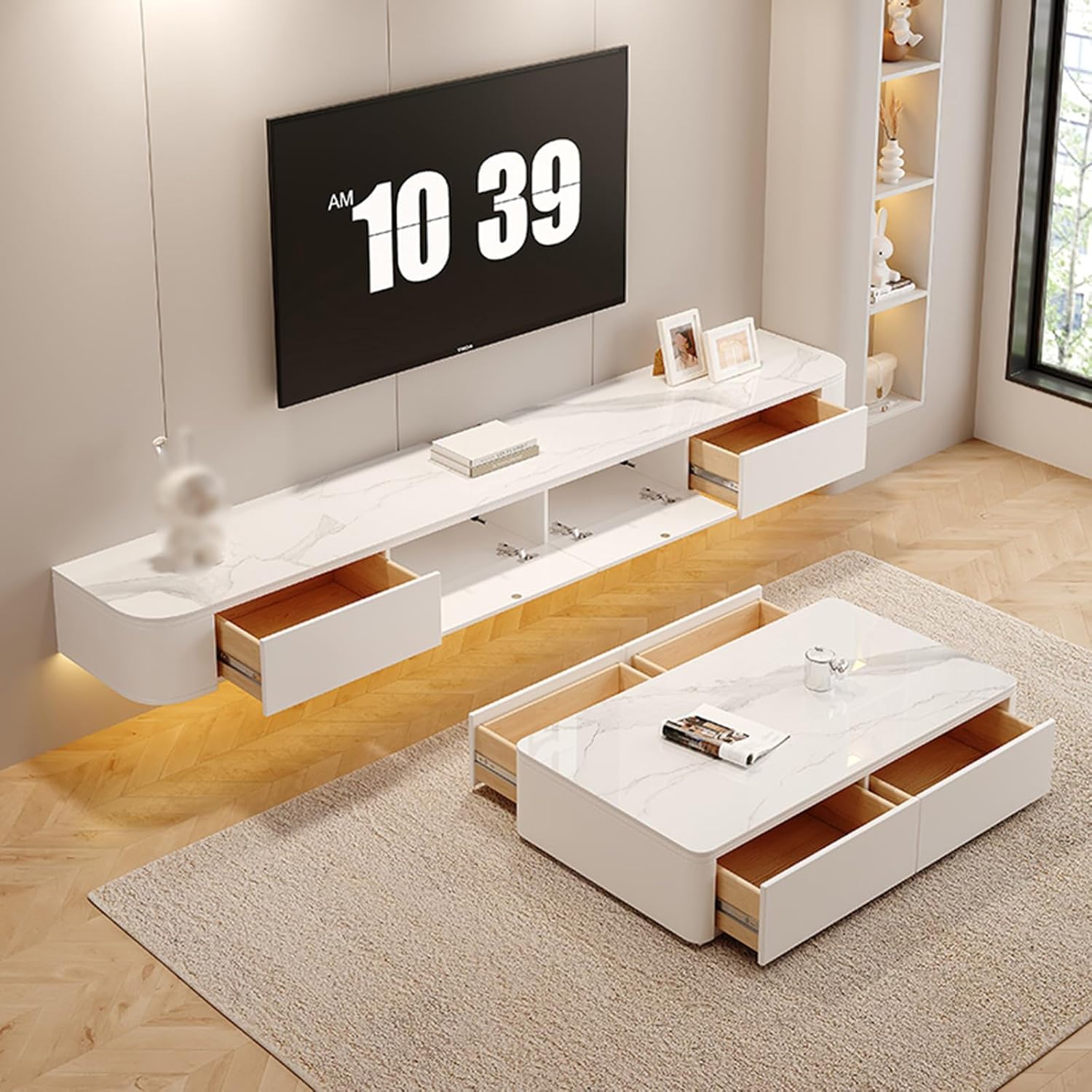 Wisząca szafka pod telewizor, pływająca szafka pod telewizor, czarna szafka ścienna z litego drewna z 2 szufladami, elegancki i wiszący design, półka do przechowywania do salonu lub sypialni (tekstura