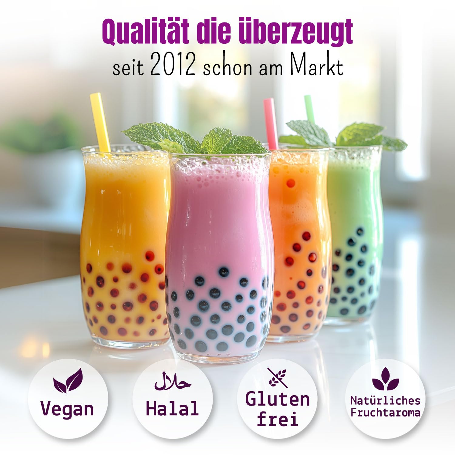 Momó's Tea® Bubble Tea Perlen Set - 4er-Pack [Blaubeeren, Erdbeeren, Mango,Litschi] - 100% vegan, halal, glutenfrei