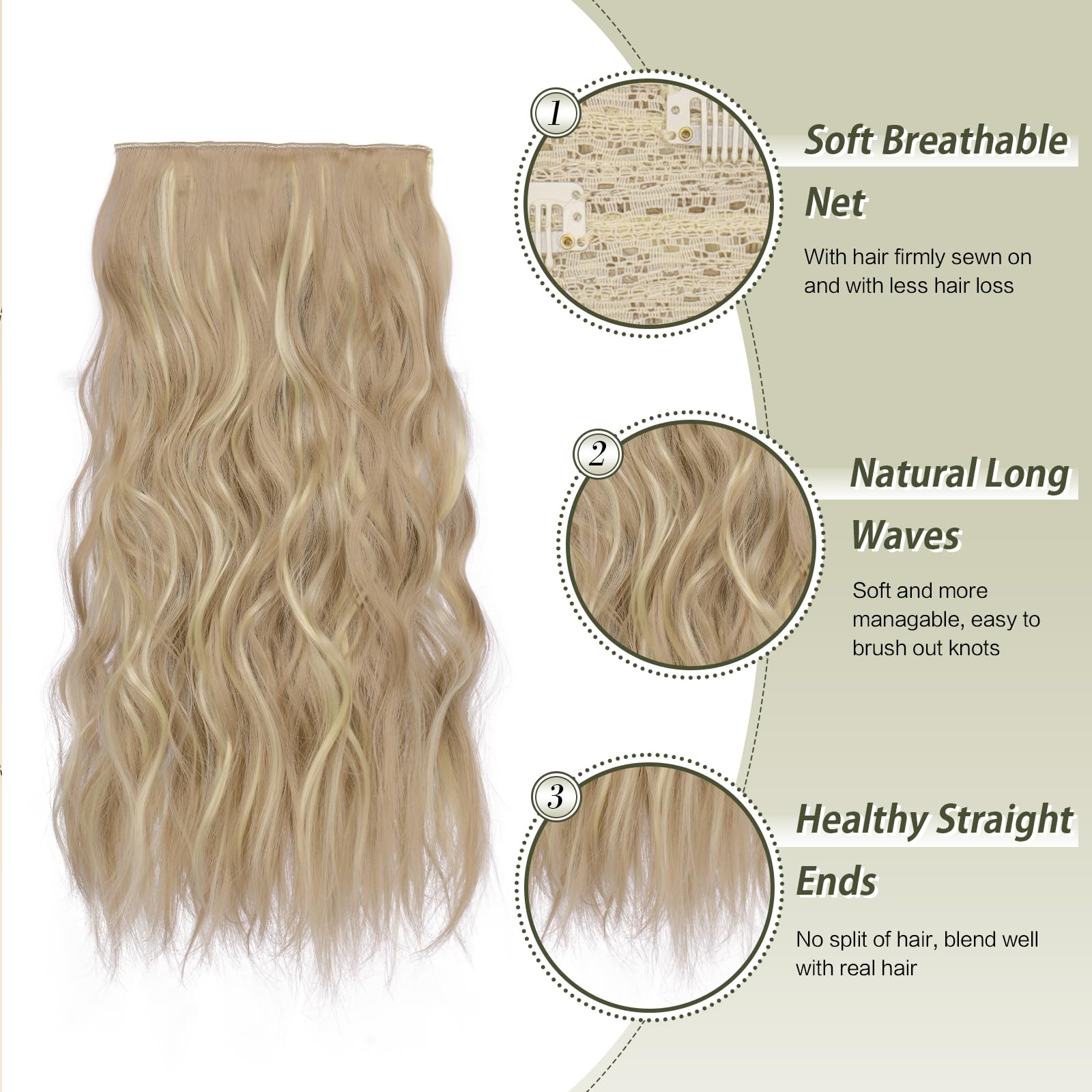 FESHFEN Clip in Hair Extensions 4PCs Long Wavy Thick Hair Piece Highlighted Full Head Synthetic Natural Curly Dirty Blonde Extension for Women 16 Inch - Image 3
