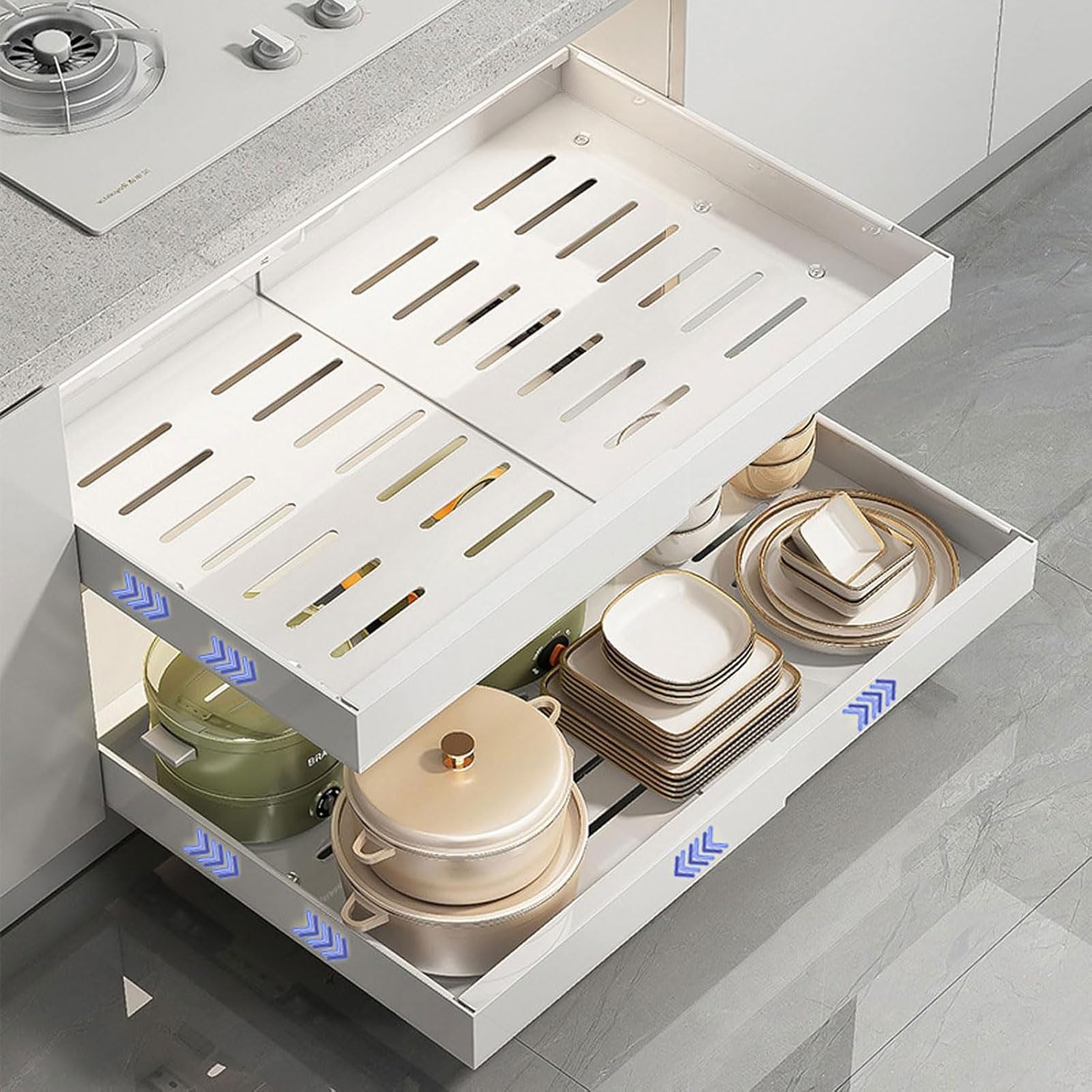 2-Stück Teleskopschublade Ausziehbar Schublade: 42cm Küchenschrank Schubladenauszug Slide Out Schrank mit Kleber Organizer Ordnung ohne Bohren für Hausfrauen Küchenhilfe Breite 32-52cm