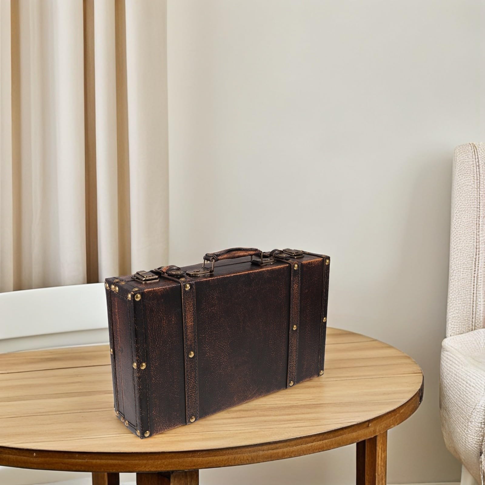INOOMP Vintage Koffer Box aus Holz und Pu in Braun Tragbar Fotorequisite für Schaufenster und Wohnkultur Geeignet