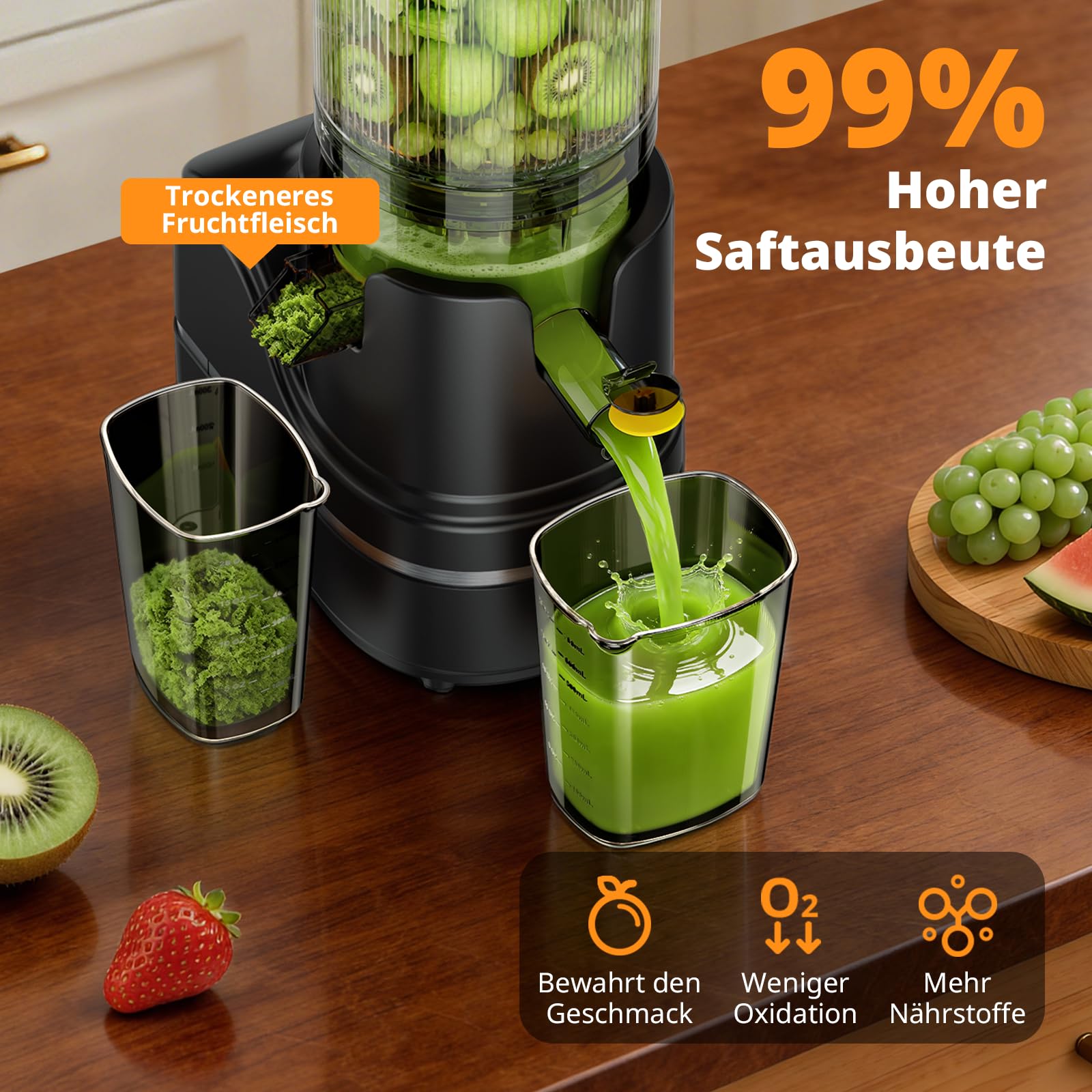AIRMSEN Entsafter Slow Juicer mit 147mm Extra Großem Einfüllschacht, 2,1L Kapazität, 300W Motor, 7+1 Stufen Verbesserte Slow-Spirale, Hohe Saftausbeute für Ganze Früchte und Gemüse