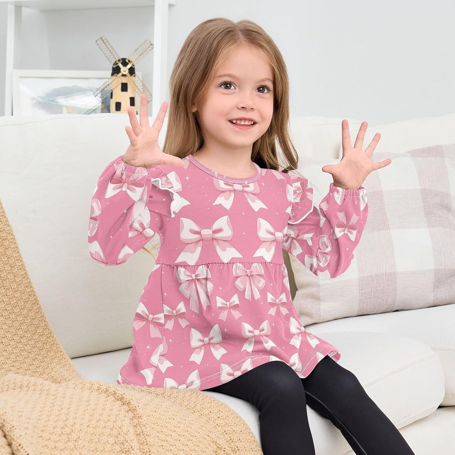 visesunny Toddler Clothes for Girls Pink Bow Color Long Sleeve Fall Shirts Cotton Top with Ruffle Collar