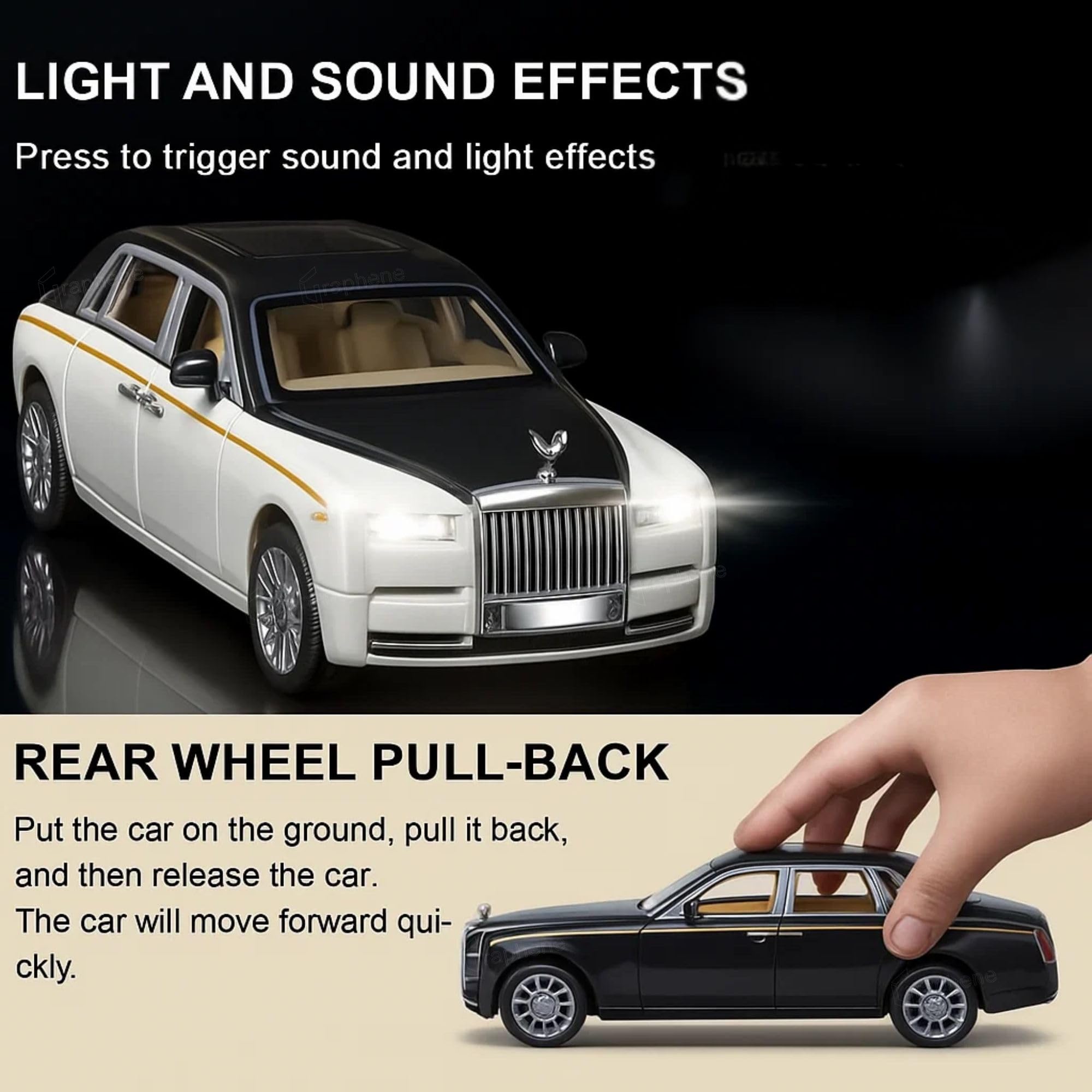GRAPHENE 1:32 Scale Rolls Royac Phantom Car Pull Back Action Vehicles Diecast Exclusive Zinc Alloy Metal Toy Model Car with Openable Door and Sound Light Gifts Toys for Kids Toddlers 2