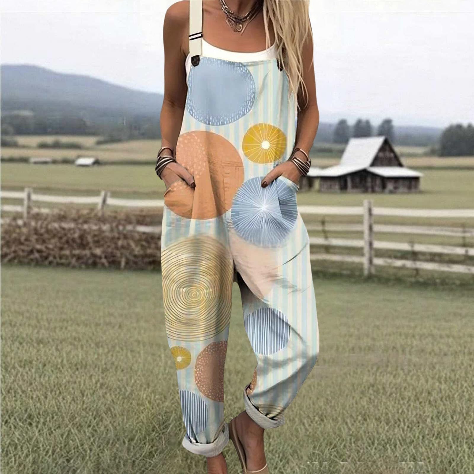 Salopette Donna Estiva Casual Lunga Elegante in Lino Tuta Jumpsuit Intera Curvy Moda Stampa Jumpsuits Comoda Larga Pantaloni Da Lavoro Con Tasca Leggera Baggy Salopettes da Spiaggia