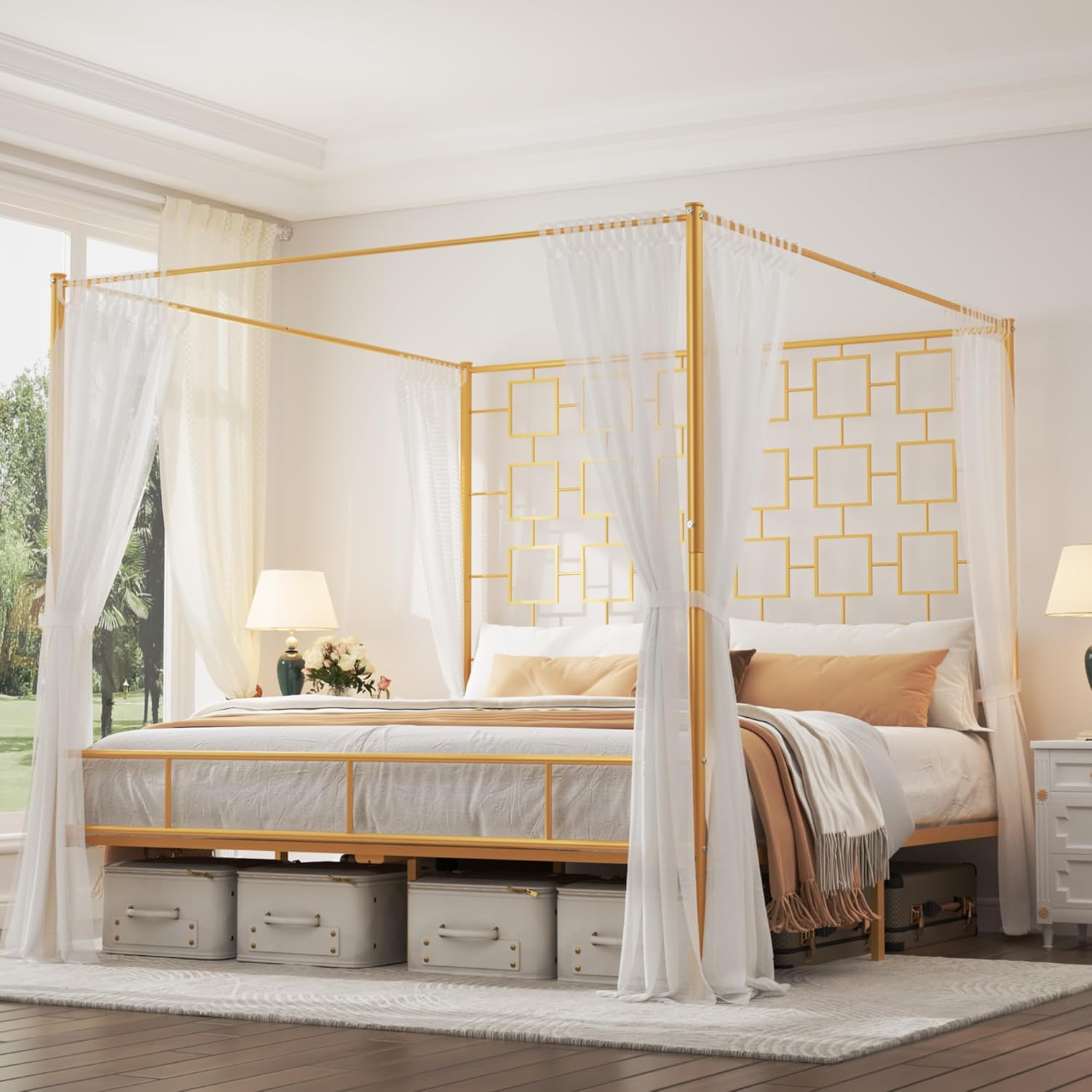 Modern King Canopy Bed Sturdy Metal Slats Easy Assembly – 1000lbs Capacity, Ideal for Small Spaces & Rentals, No Box Spring Needed