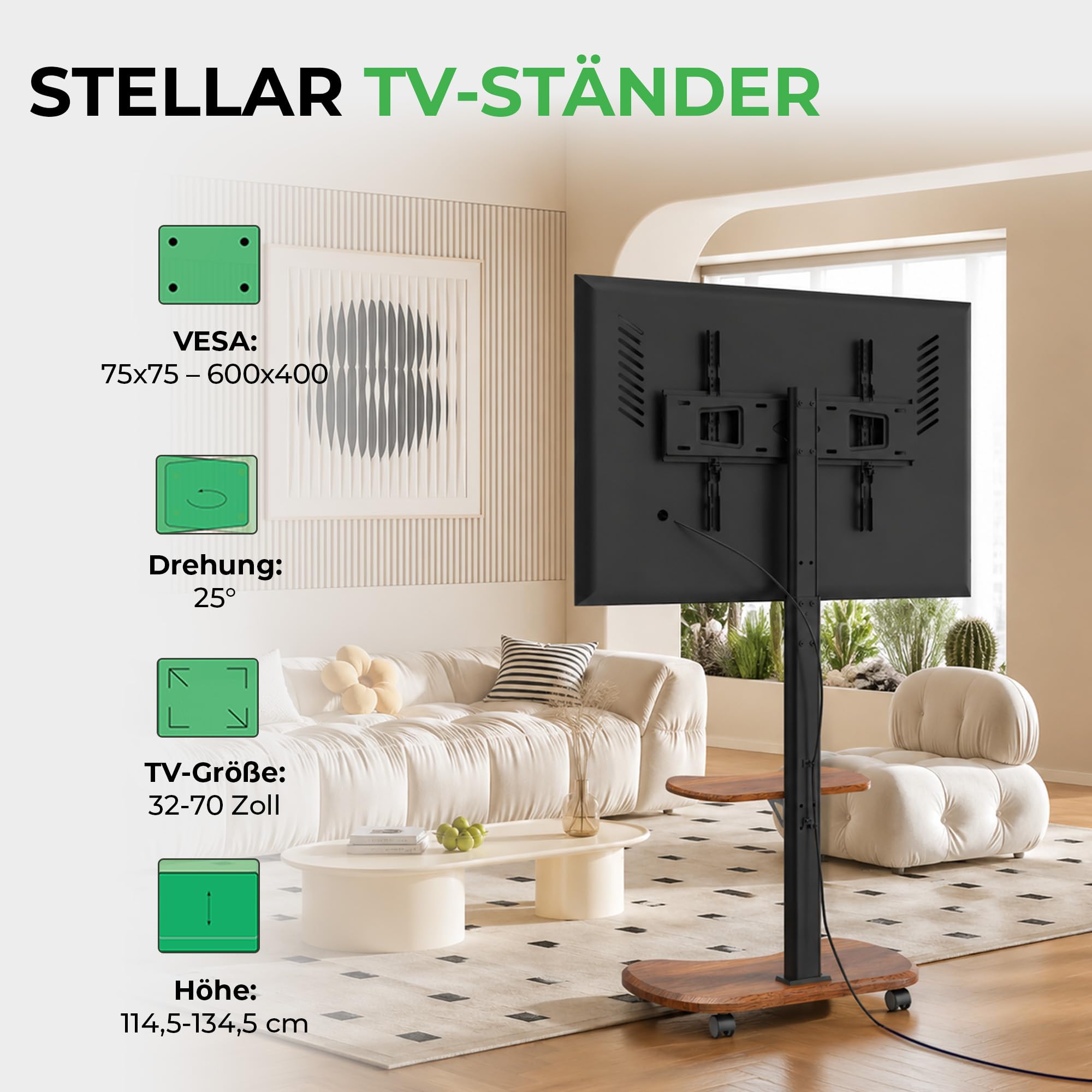 Stellar TV Ständer Rollbar mit Holzregal - höhenverstellbar schwenkbar TV Rollwagen für 32-70 Zoll Fernseher bis 45 kg - Universal TV Standfuss max VESA 600x400