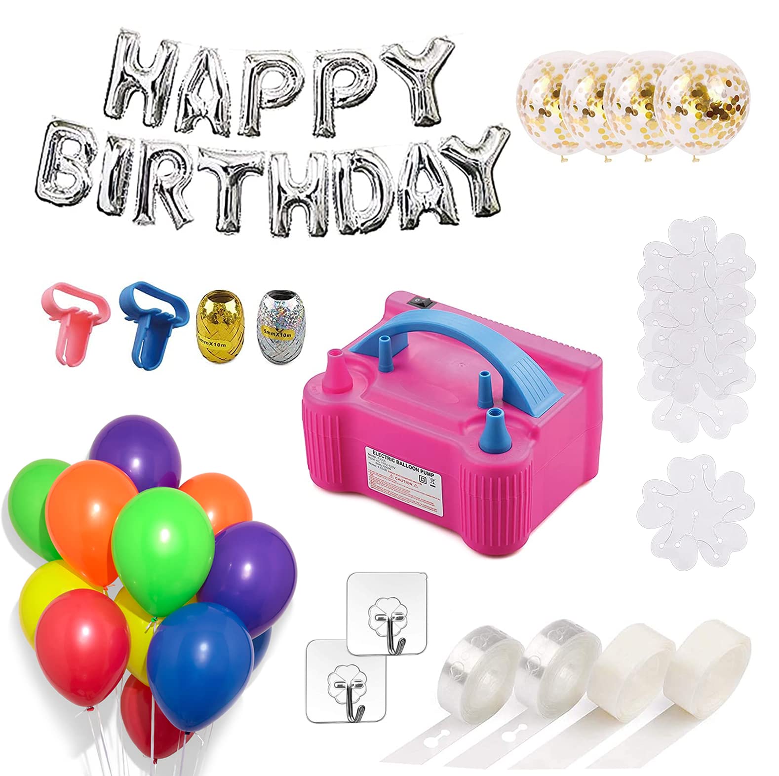 Party Propz 95 Pcs Electric Balloon Pump Set- 110V 600W Portable Dual Nozzles- Ballon Arch Garland Kit with Tape Strip, Dot Glue, Flower Clip for Party Decoration,Latex, metallic,Multicolor
