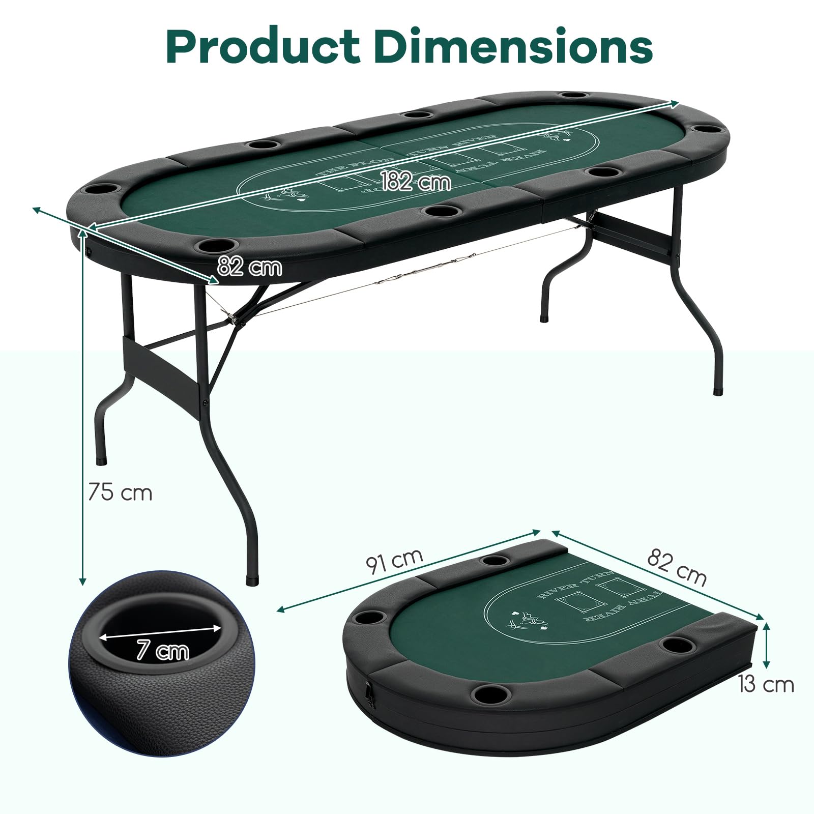 HOMASIS Mesa de Póker Plegable para 8 Jugadores, 182 x 82 cm Juego de Cartas con 8 Portavasos de Metal, Barandas Acolchadas, para Noche en Familia, Sala de Juegos (Verde)