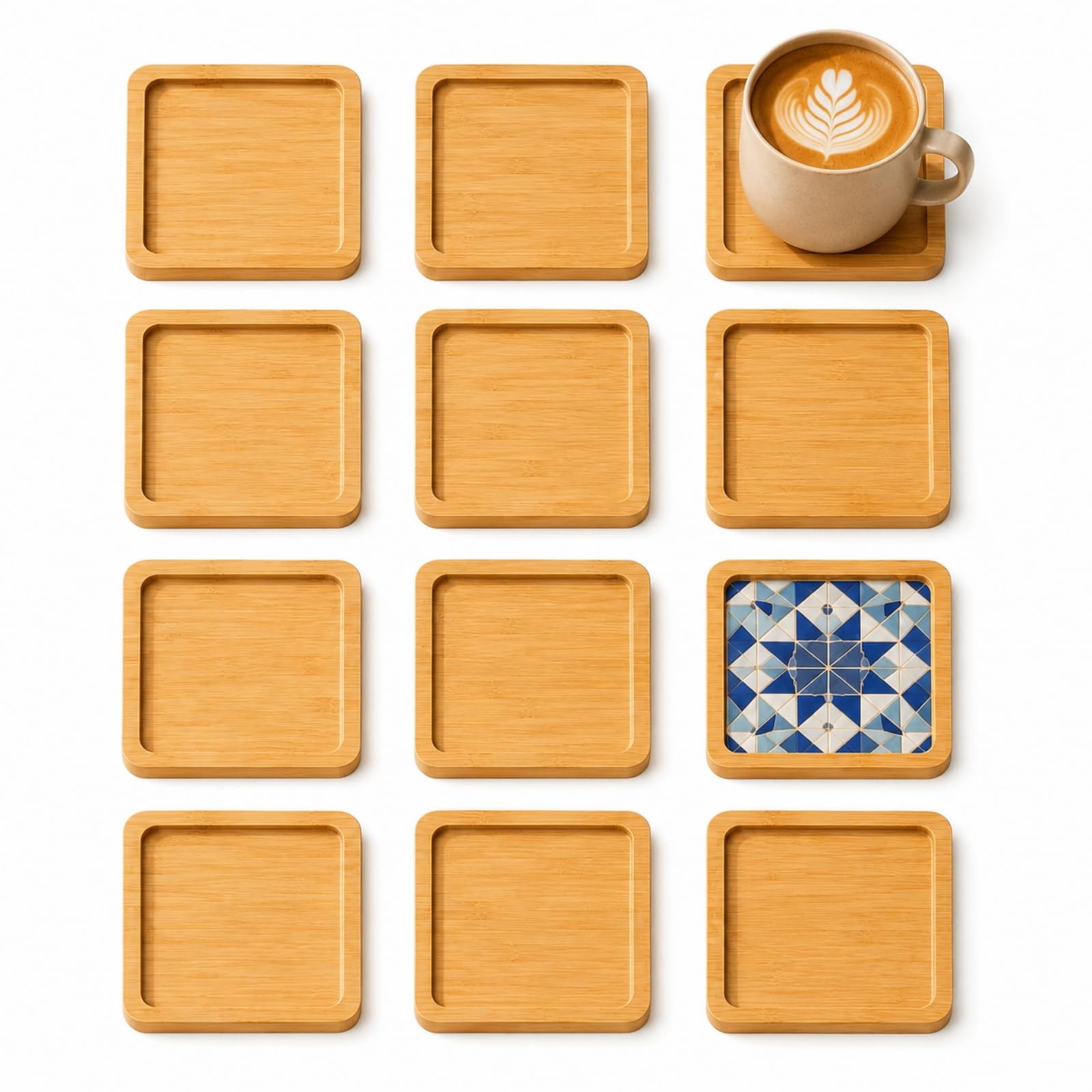 12 PCS Wooden Coasters, 9cm Square Bamboo Coasters for Mosaic