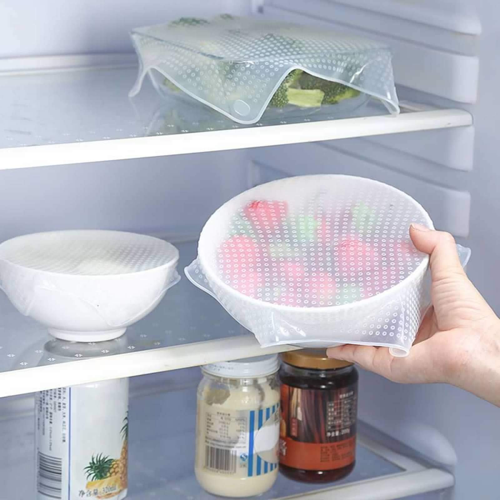 3 Silikon-Frischhalteabdeckungen (L+M+S) – Wiederverwendbar, Dehnbar, Lebensmittelecht, Für Obst & Gemüse
