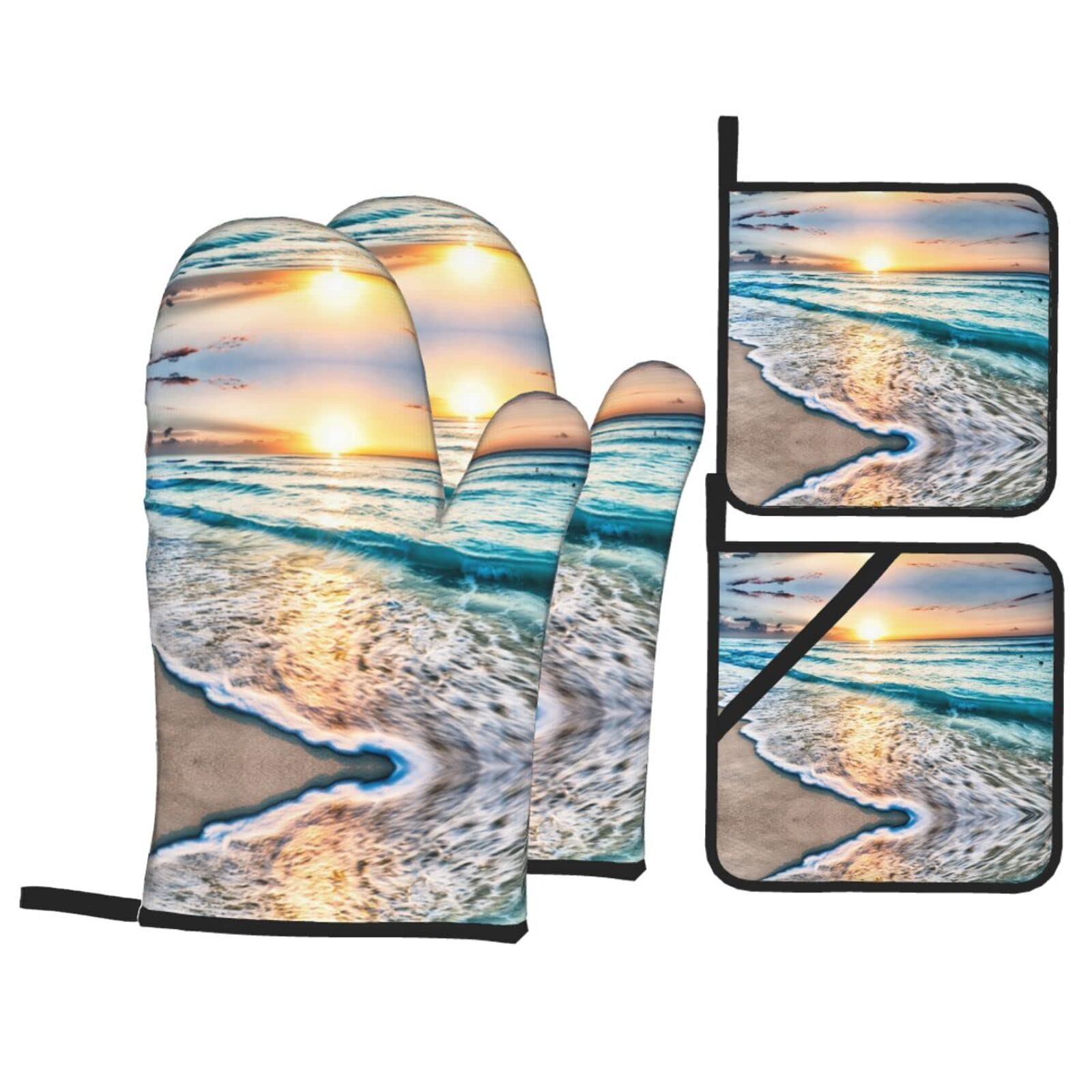 Beach Sunset Ocean Oven Mitt and Pot Holder 4-Piece Set for Kitchen, Outdoor Grill, Baking