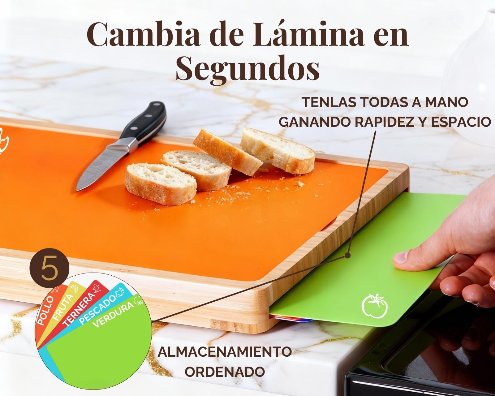Tabla de Cortar Antibacteriana - 6 Tablas de Cocina en 1 - Tabla para Cortar Cocina - Tabla Cortar Bambú - Sin BPA - 5 Láminas para Evitar la Contaminación Cruzada - Qualis Summa