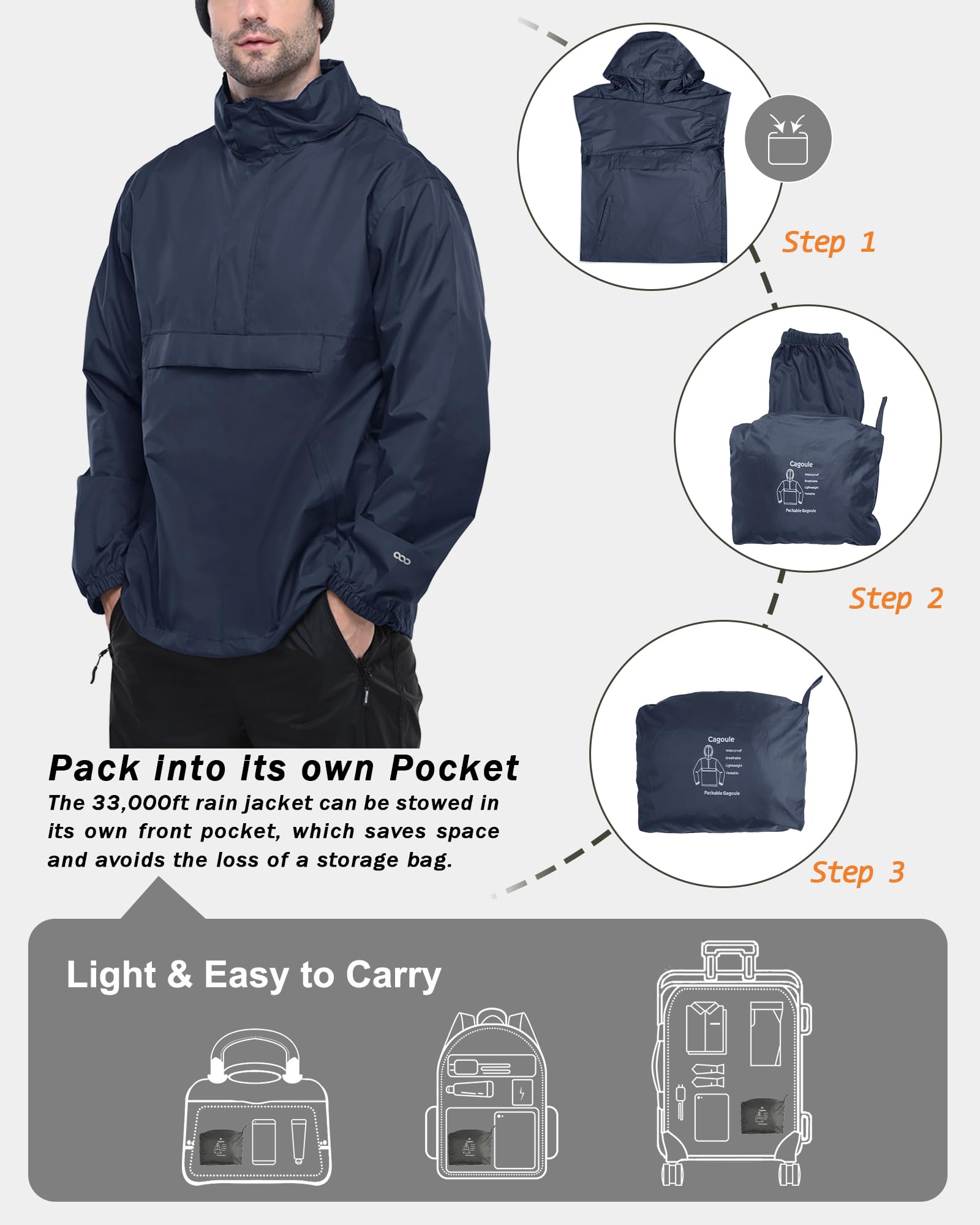 33,000ft Chubasquero para hombre, ligero, impermeable, plegable, con capucha y reflector para bicicleta, senderismo al aire libre