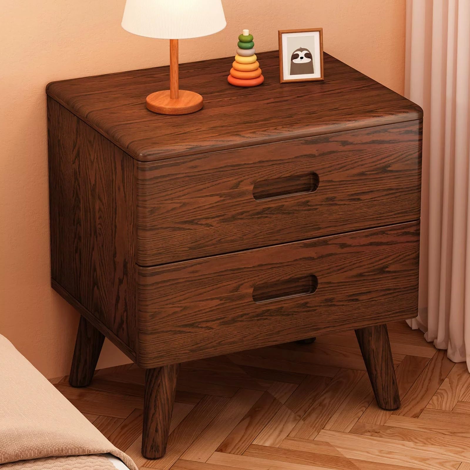 SXZenSpace Farmhouse Nightstand Solid Wood Bedside Table with 2 Drawers Side Storage Nightstands for Living Room Hallway(Brown,30x35x50cm)