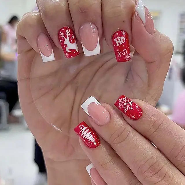Red Christmas French Tip False Nails - 24PCS Short Acrylic Nails with Deer & Tree Designs