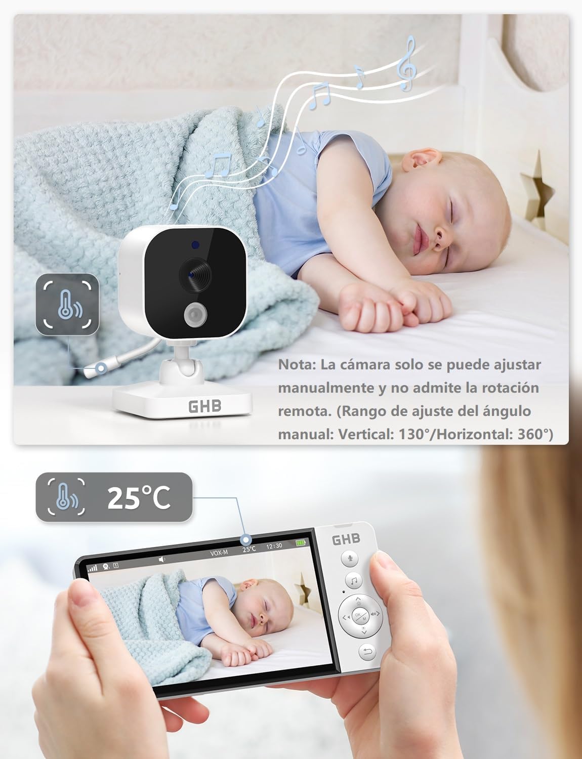 GHB Camara Vigilancia Bebe con 5" HD Vigilabebes con Camara Duración de Batería 168 Horas Pantalla Dividida, 4×Zoom, Comunicación Bidirecciona Escucha Bebe