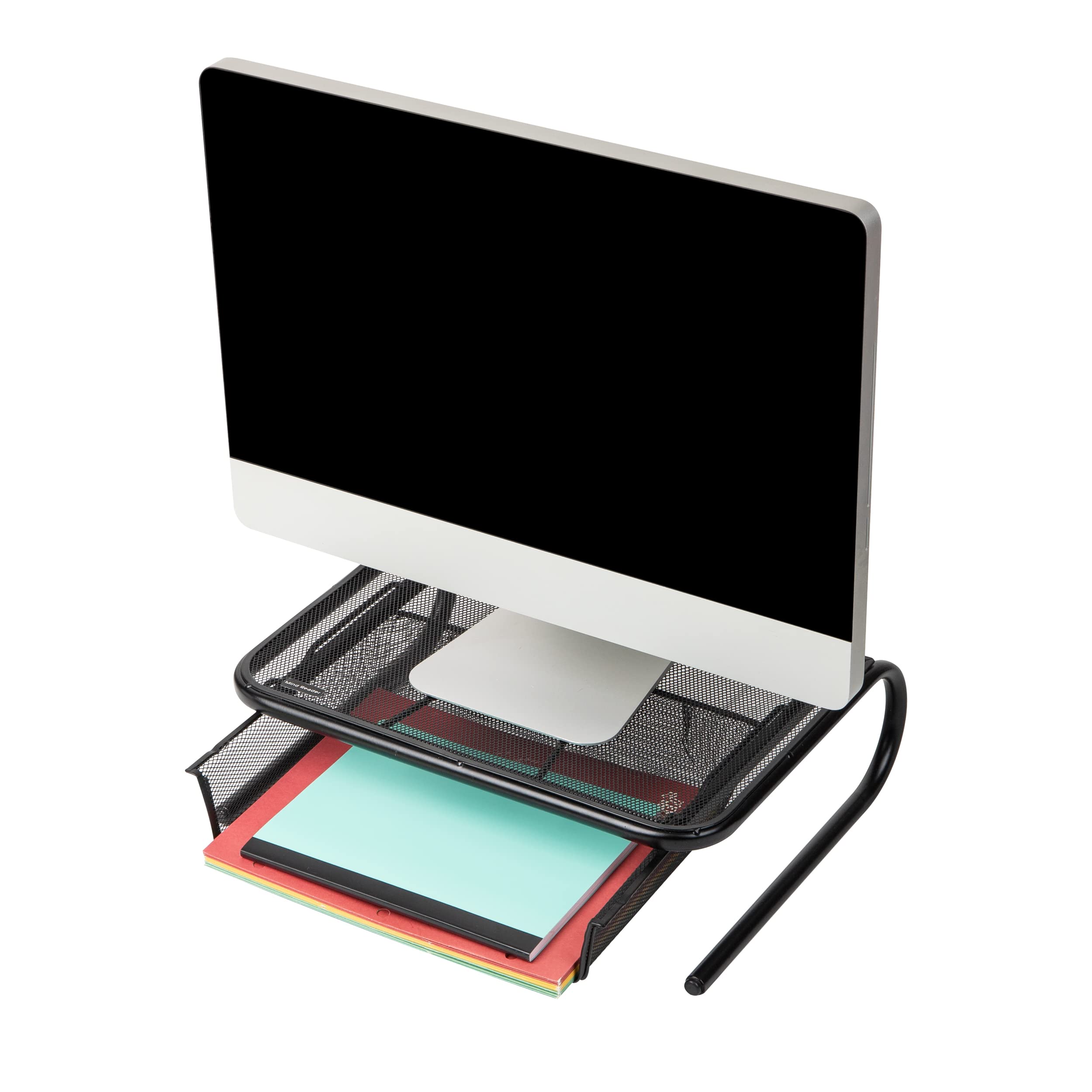 Mind Reader - Supporto per monitor in rete metallica con documenti, cartelle o accessori da scrivania, cassetto nero W