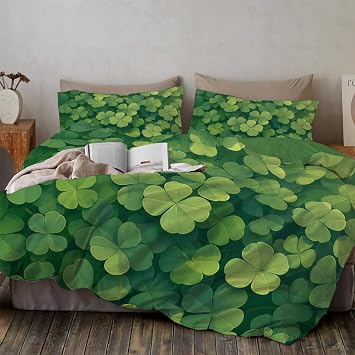 Twin Brushed Microfiber Bedding Duvet Cover Set-3 Pieces With Duvet Cover And Pillow Sham,Soft And Breathable Bedding Set With Green Leaf Plants Pattern,St. PatrickS Day Shamrock Pattern Printed