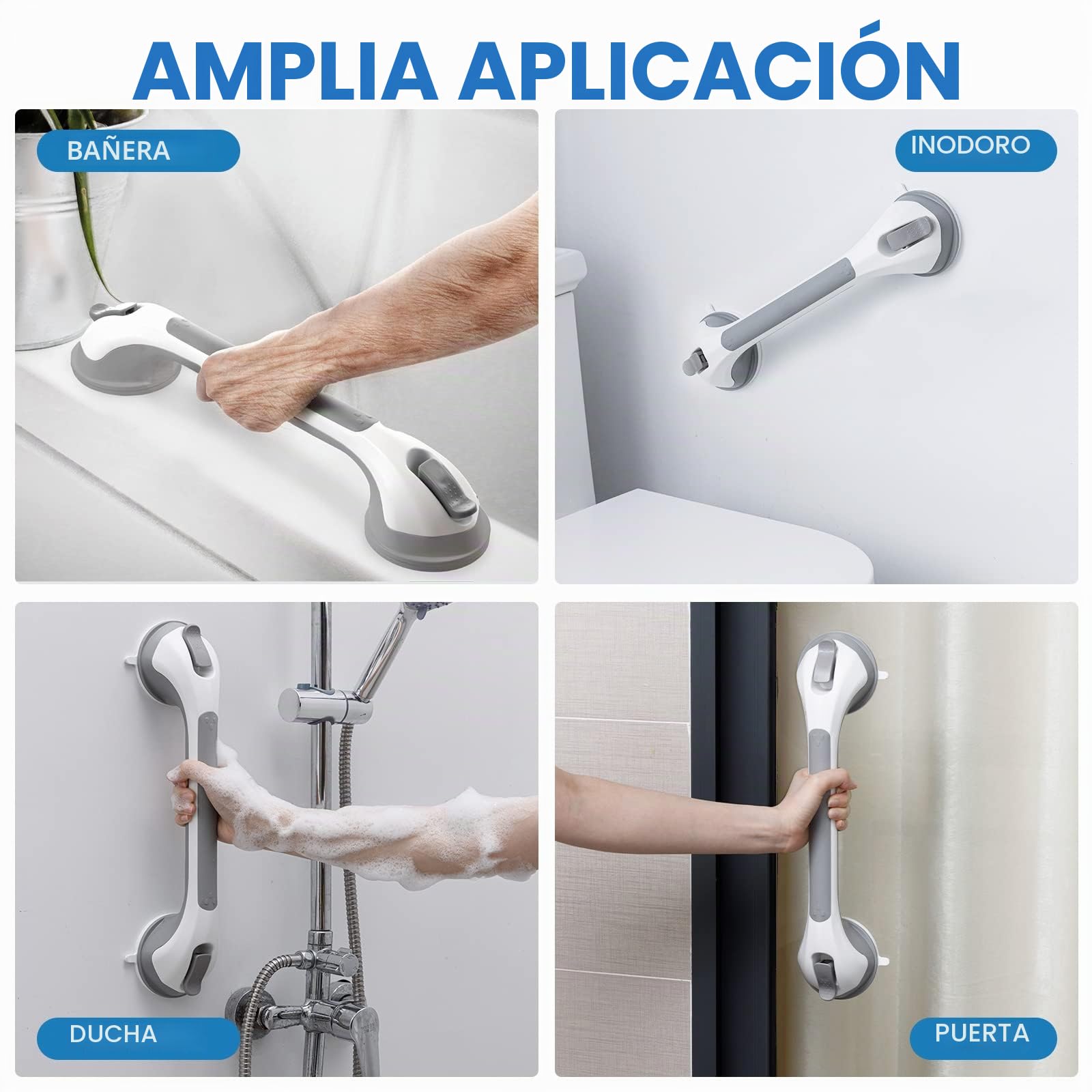 LEVERLOC Agarraderas Baño para Mayores, 43 CM Asidero Ducha de Succión, MAX Hold 110 KG Agarrador Ducha Personas Mayores, Agarre de Seguridad, Barra Baño sin Taladrar y Pasamanos Extraíble, Gris