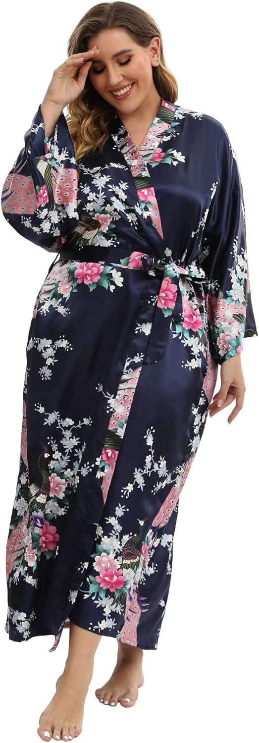 Women's Floral Long Satin Robes Plus Size Long Silk Robes Peacock Floral Kimonos Sleepwear Dressing Gown - Image 2