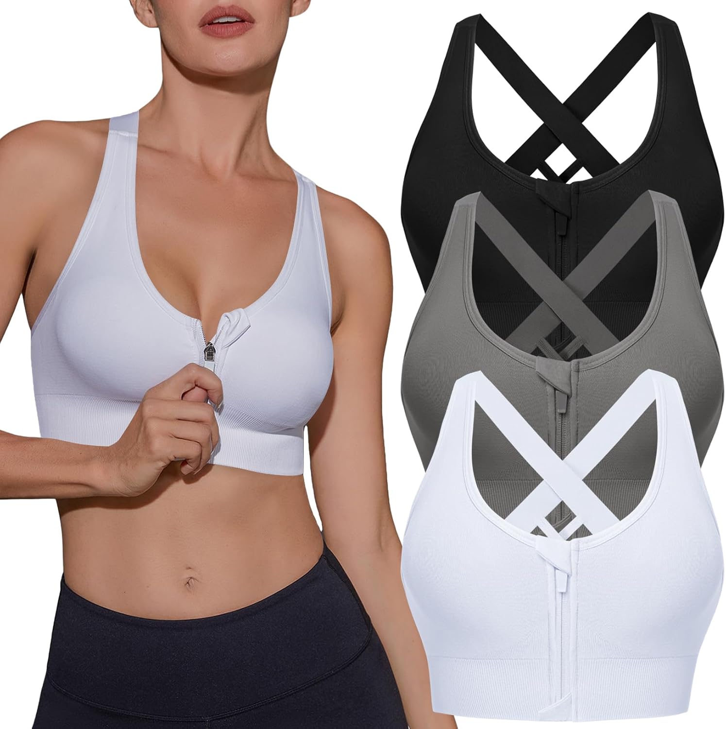 Sykooria Women Sports Bras High Impact Strappy Cross Back Padded Workout Bras for Running Yoga Gym