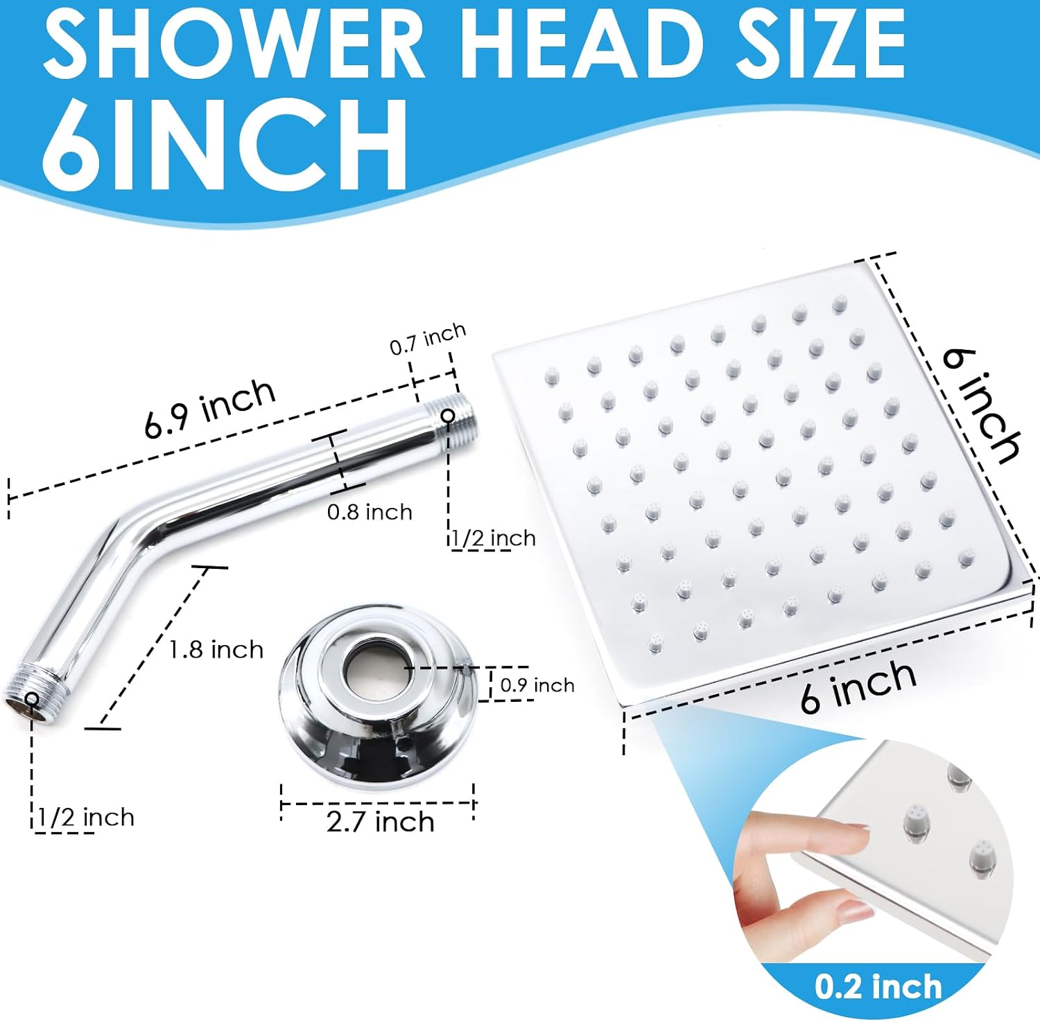 6 Inch Square Shower Head Stainless Steel High Pressure Rain Shower Heads with Extension Arm Adjustable Angle Replacement Luxury Shower Head for Modern Bathroom (Square, Chrome)