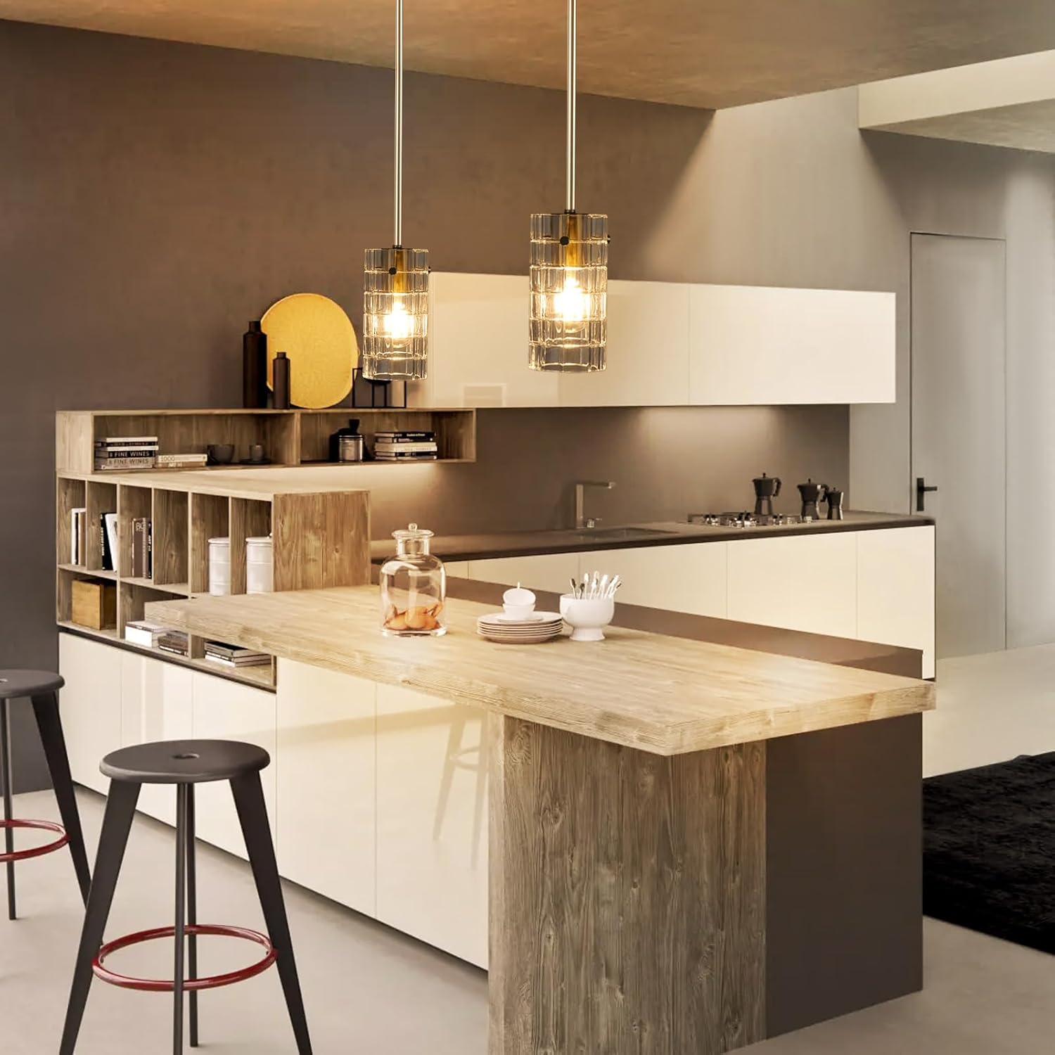 Clear Glass Pendant Light, Modern Cylinder Pendant Lighting with Rigid Rod & Tilt-Swivel Canopy, Adjustable Height up to 47", E26 1-Light for Kitchen Island, Sink, Bar, Dining Room