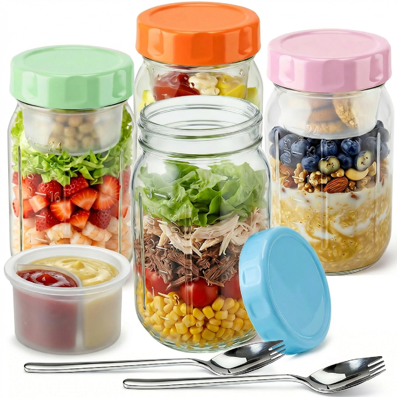 Torchero Salad Jars with Lids, 32 oz Glass 4-Pack