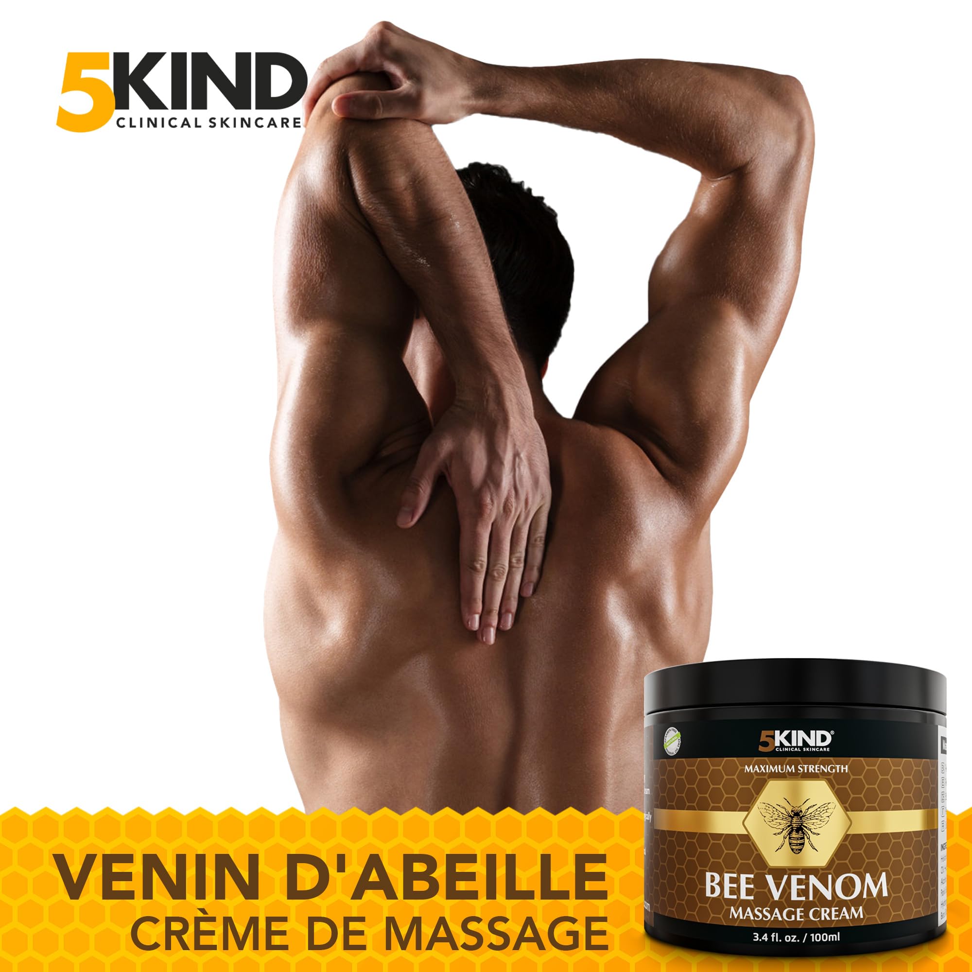 5Kind Creme Venin d'Abeille Maximum Strength 100ml - Bee Venom Cream - Massage Naturel des Articulations & Muscles, Bas du Dos, Genoux, Cou, Hanches & Pieds - Provenance Responsable