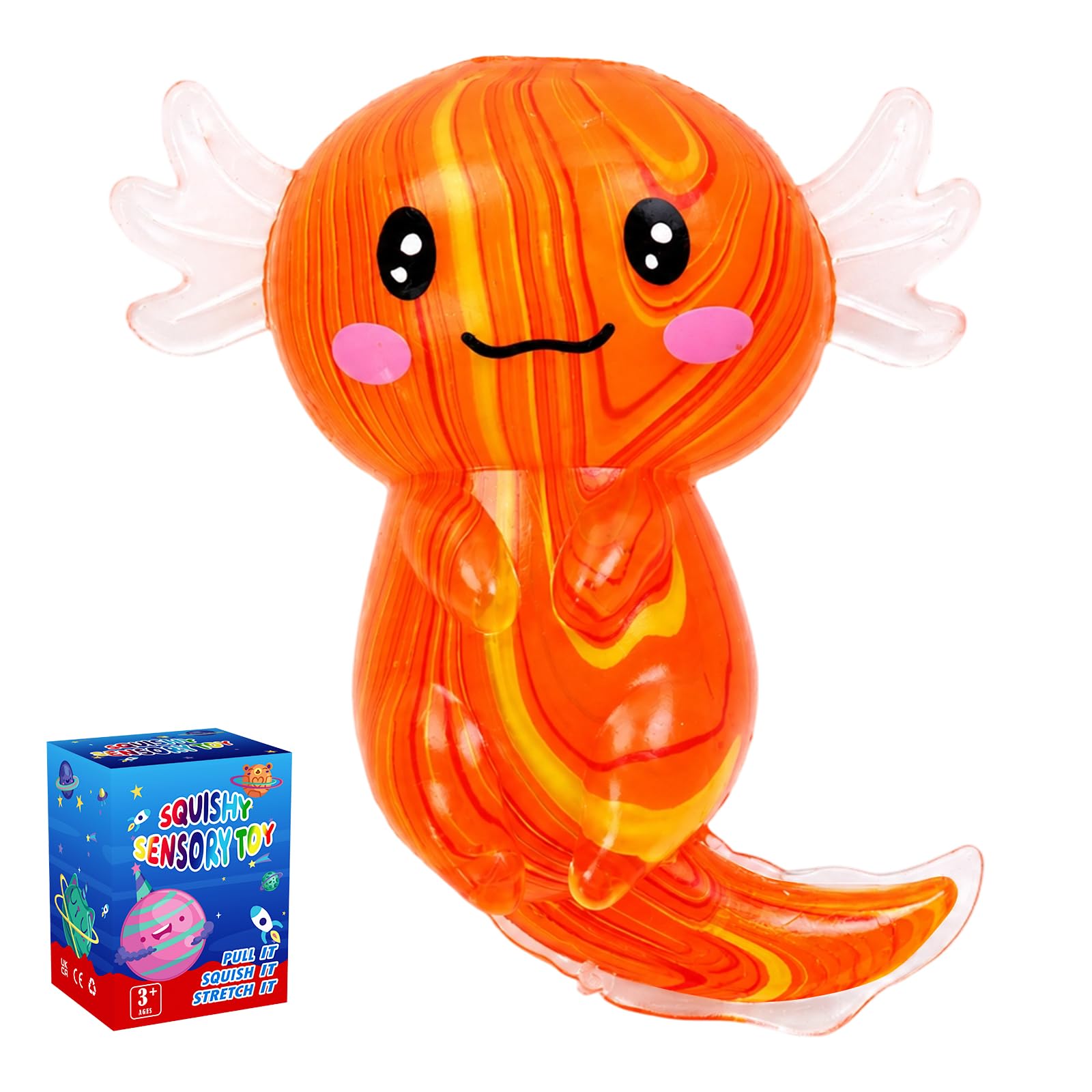 Axolotl Squishy Stress Relief Toy, Fidget Toys for Kids Adult, Cute Malt Sugar Axolotl Toy, Soft Squeeze Sensory Toy for Kids and Adults, Handheld Stress Ball for Anxiety and Focus (Swirled Orange)