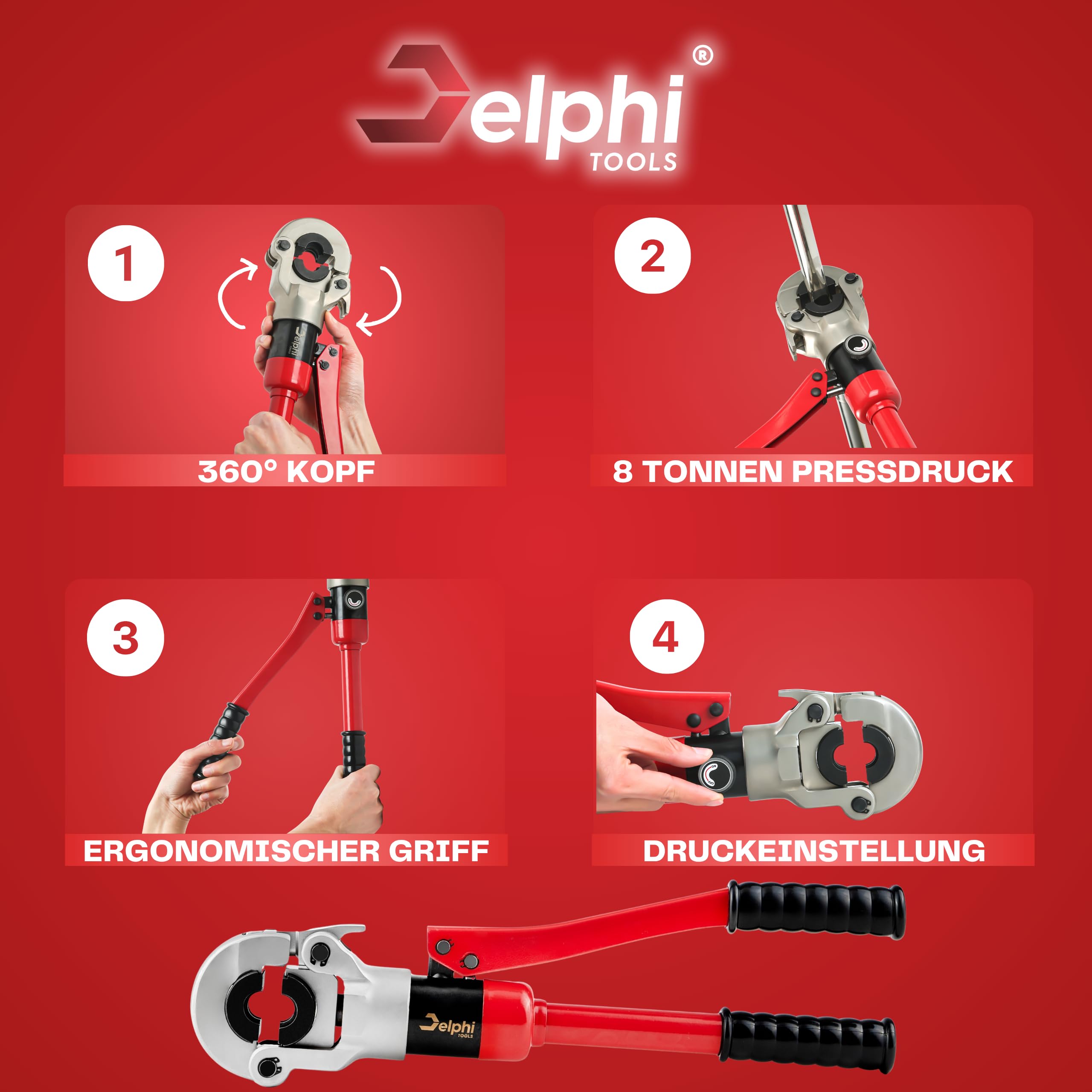 Delphi Presszange TH Verbundrohr 16-20-26-32mm (360° Kopf, 8T Druck) plus Schutzhandschuhe - Hydraulische Presszange Kupferrohr, Aluminiumrohre, PEX-Rohre, PB-Rohre, Kupferrohr-Fittings