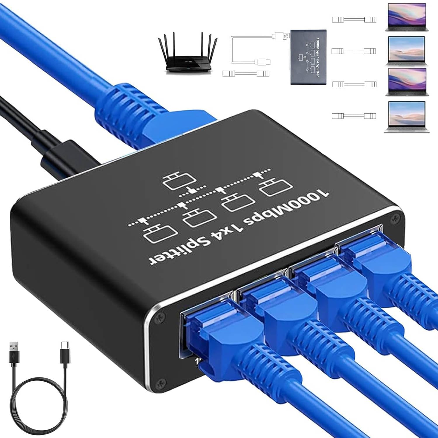 Gigabit Ethernet Splitter 1 to 4, 1000Mbps RJ45 Network Ethernet Switch, LAN Internet Splitter Adapter for Cat 5/5e/6/7/8 Cable[ 4 Devices Networked Simultaneously