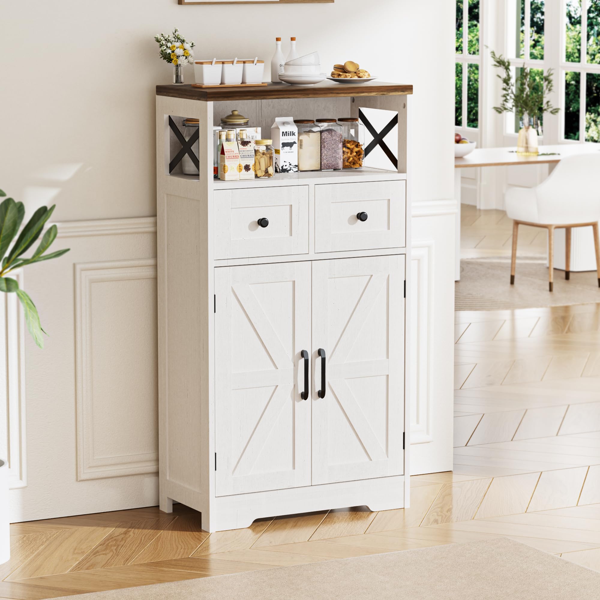 BonVache Küchenschrank, Sideboard, Kommode, mit Tür und verstellbarem Regal, 2 Schubladen, für Küche, Esszimmer, Wohnzimmer, Farbe: weiß