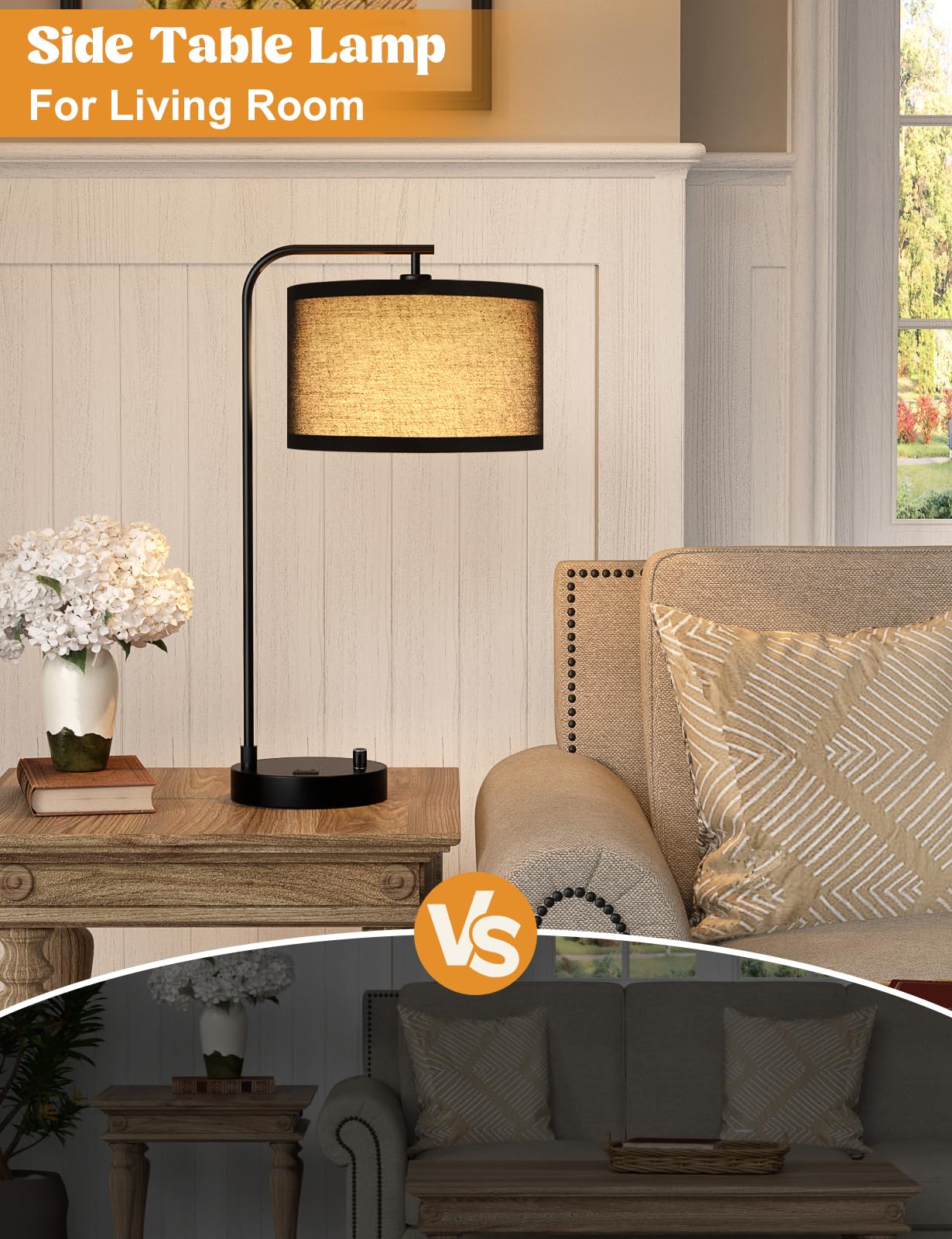 Innqoo Lámpara de mesa alta negra con puerto USB y tomacorriente, lámparas de noche regulables con pantalla de lino, lámpara de escritorio para dormitorio, sala de estar, habitación de invitados