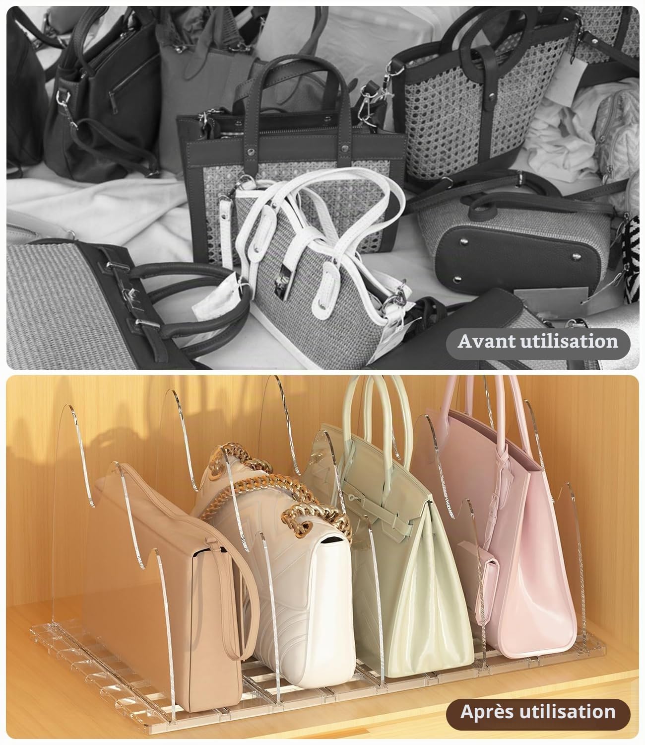 Lot de 10 Séparateurs de Sacs à Main en Forme de Montagne, Organisateur Dressing Ajustable avec Base à Fentes et Diviseurs Ajustables, Rangement pour Dressing, Placard, Chambre et Cuisine