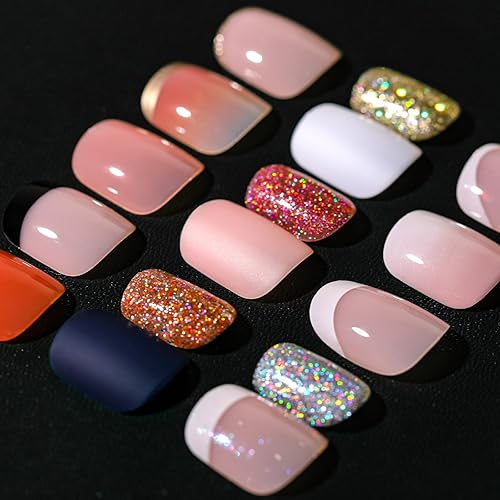 Teenitor Uñas cortas a presión, kit de manicura de uñas francesas de 312 piezas, uñas postizas con diseño, uñas de punta francesa extra cortas
