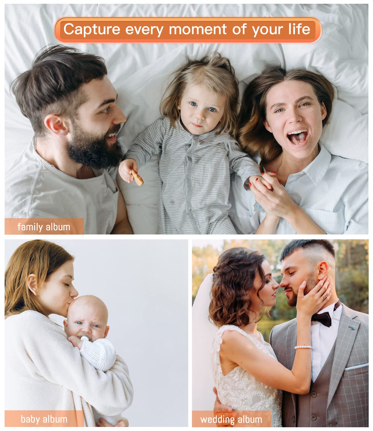 Popotop Álbum de fotos autoadhesivo con ventana de visualización de imágenes, 60 páginas, álbum de recortes para fotos de 4 x 6, 8 x 10 pulgadas, libro de recuerdos con cubierta de lino para boda de