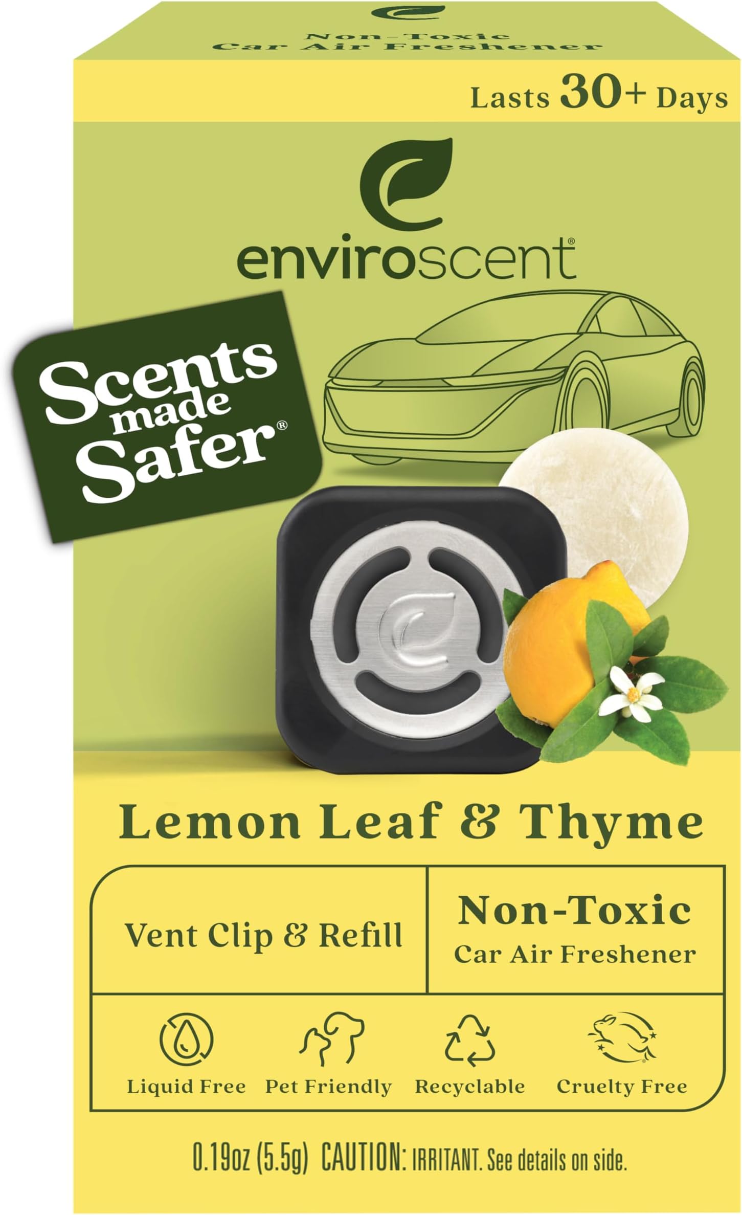 Enviroscent Non-Toxic Car Air Freshener (Lemon Leaf & Thyme) Car Air Freshener Infused with Essential Oils | Car Scent Lasting Over 30 Days | 1 Refillable Car Vent Clip & 1 Scent Refill Kit