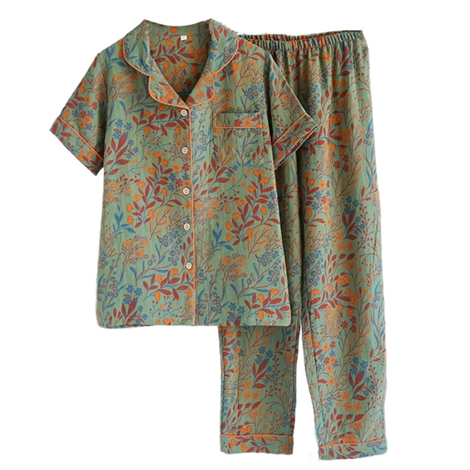 Vintage Leaf Cotton Lapel Loungewear Set,Colorful Floral Long Sleeve Trousers Cardigan,Women's Pajama Two Piece Set