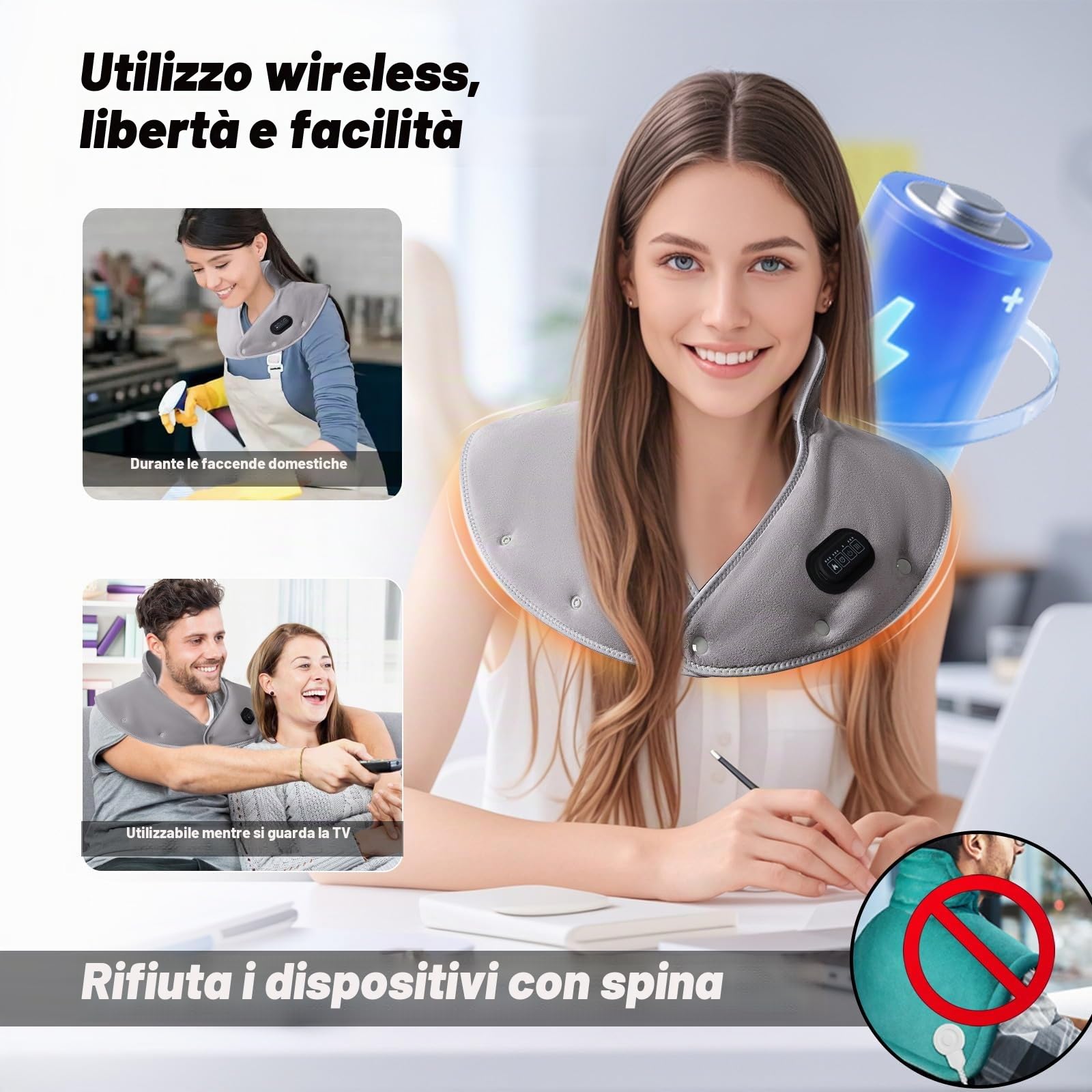 Cuscino termico senza fili per collo e spalle - 3 livelli di temperatura, 3 livelli di vibrazione, 3 timer, ricarica USB - Cuscino termico elettrico portatile, regalo per donne