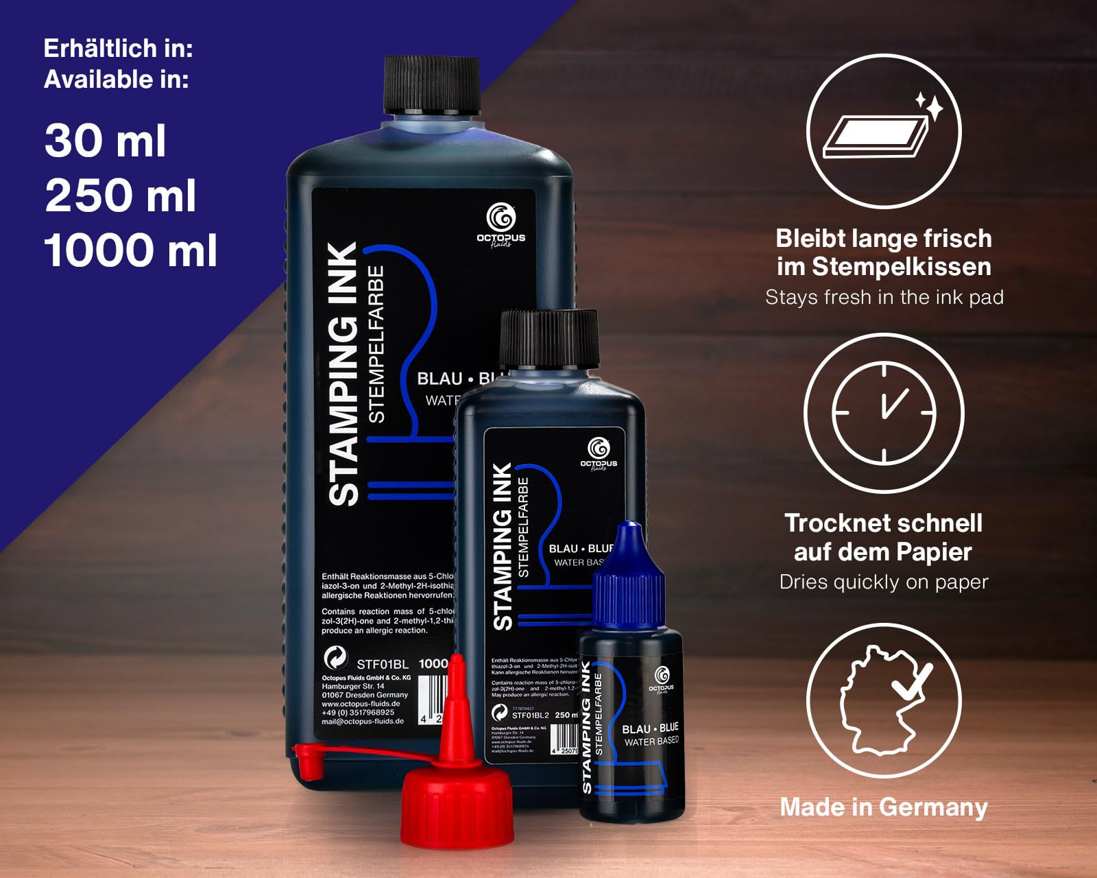 Octopus Fluids tinta para sellos, tinta rellenable para impregnar sellos y máquinas automáticas, tinta para sellos de 250ml, azul sin aceite