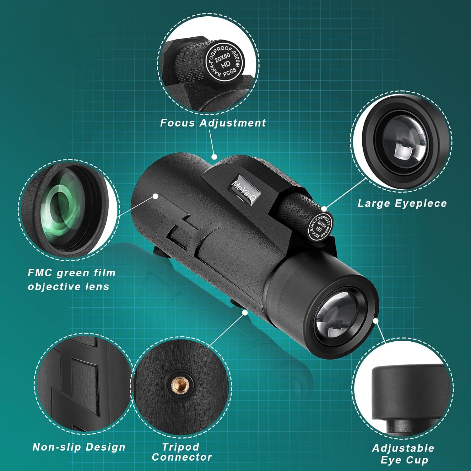 20x50High-Power Monocular Telescope with Smartphone Tripod, Portable Bag - Ideal for Bird Watching, Hunting, Hiking, Camping - Large Vision with BAK4 Prism and FMC Lens