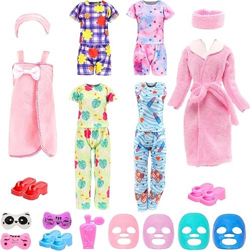 Miniatura 9 de 19 piezas de ropa y accesorios para muñecas, incluyendo 4 pijamas, 1 bata de baño, 1 toalla de baño, 2 bufanda y 3 pantuflas para muñeca de 11.5
