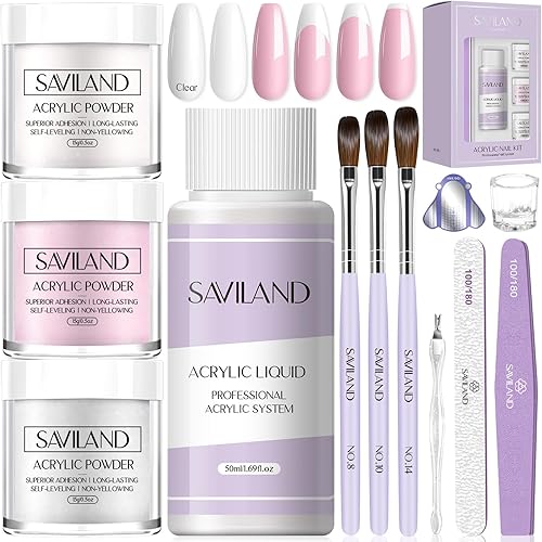 SAVILAND Acrylic Nail Kit for Beginners: Clear White Pink Acrylic Powder 0.5 Oz Each, 1.7 fl oz Acrylic Liquid, #8/10/14 Brushes, 100Pcs Nail Forms & Manicure Tools Professional Nail Kit Acrylic Set