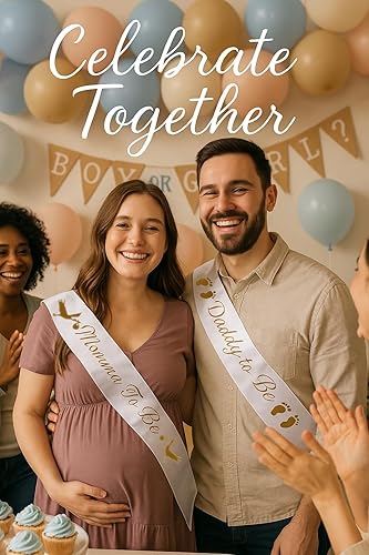 Miniatura 5 de Paquete de bandas para baby shower "Momma To Be" y "Daddy To Be", con bonita imagen de cigüeña (letras blancas y doradas), decoraciones de fiesta de