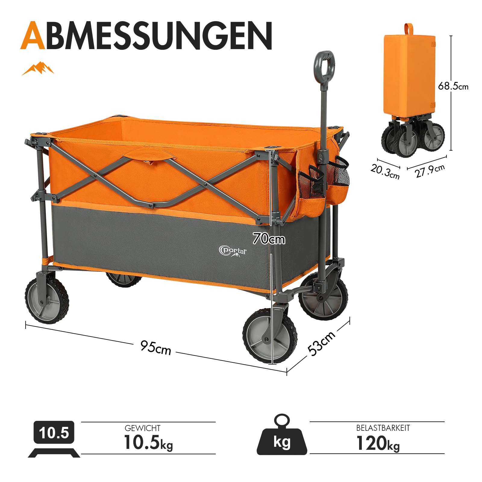 PORTAL Bollerwagen faltbar 300L XXL Große Ladefläche 120KG belastbar Handwagen mit Getränkehalter Seitentasche Transportwagen Leiterwagen klappbar Strandwagen Faltwagen für Garten Camping Festival